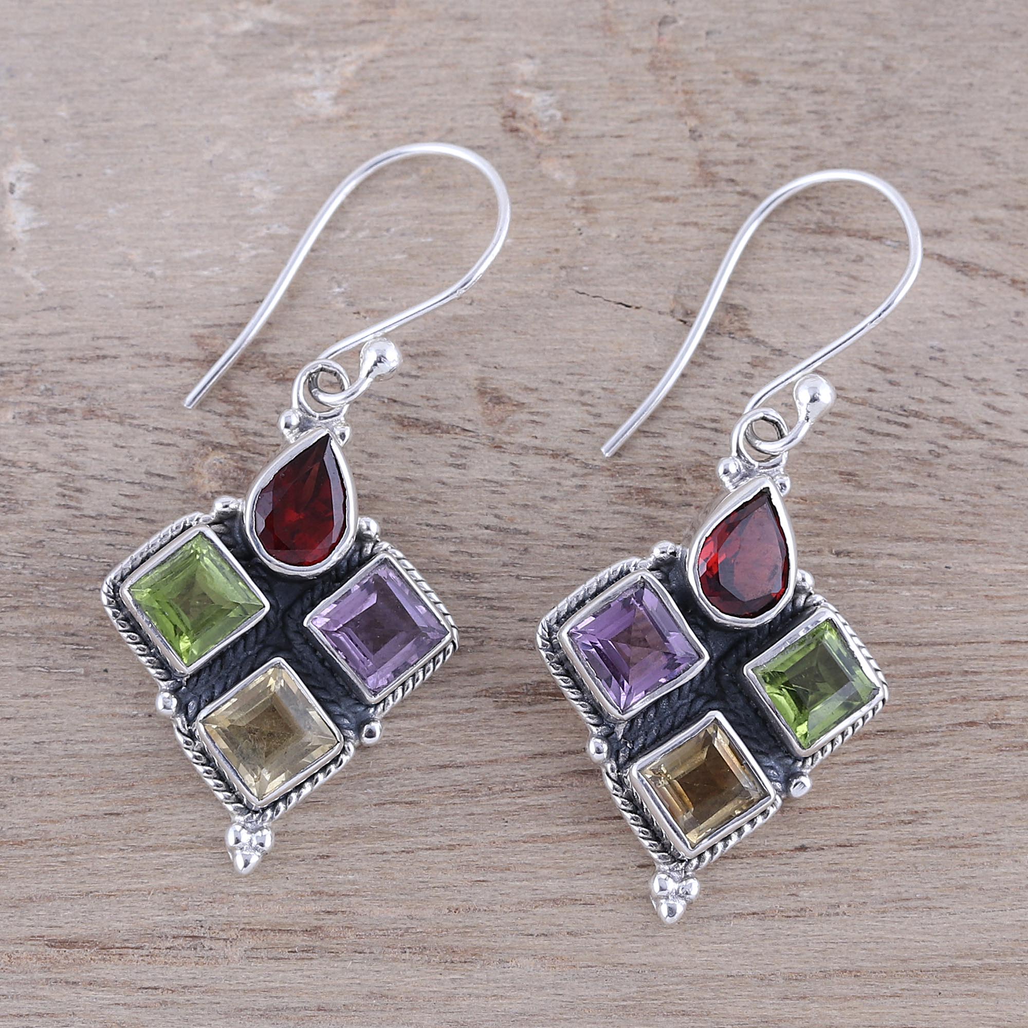 Premium Sparkling Quartet Gemstone Dangle Earrings - Garnet, Citrine, Peridot & Amethyst