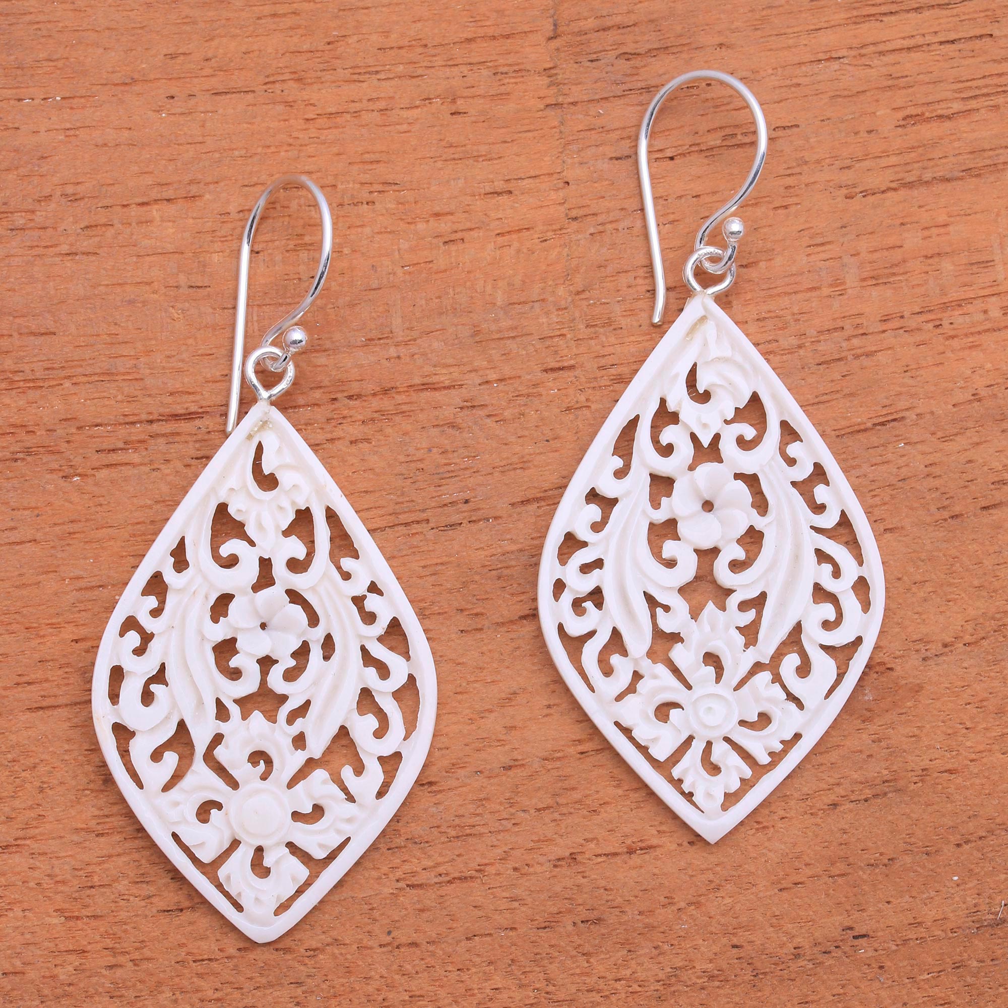 Premium Bali Windows Hand-Carved Floral Bone Dangle Earrings - Authentic Balinese Artistry