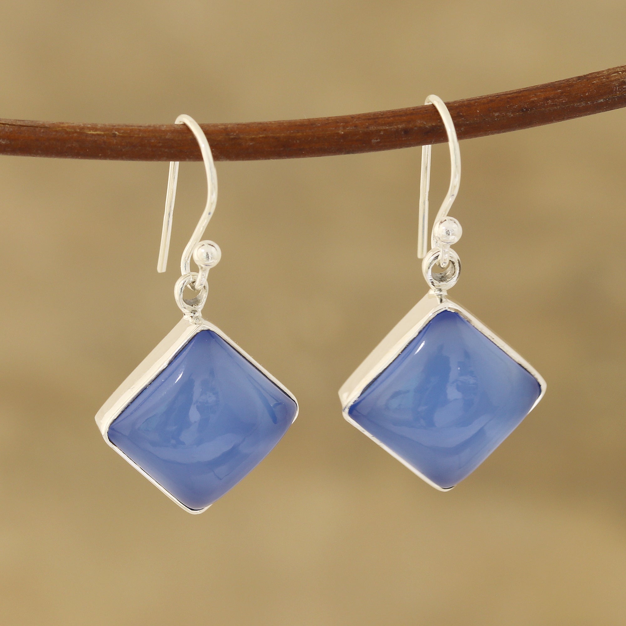 Premium Sky Squares Blue Chalcedony Dangle Earrings – Handcrafted in India