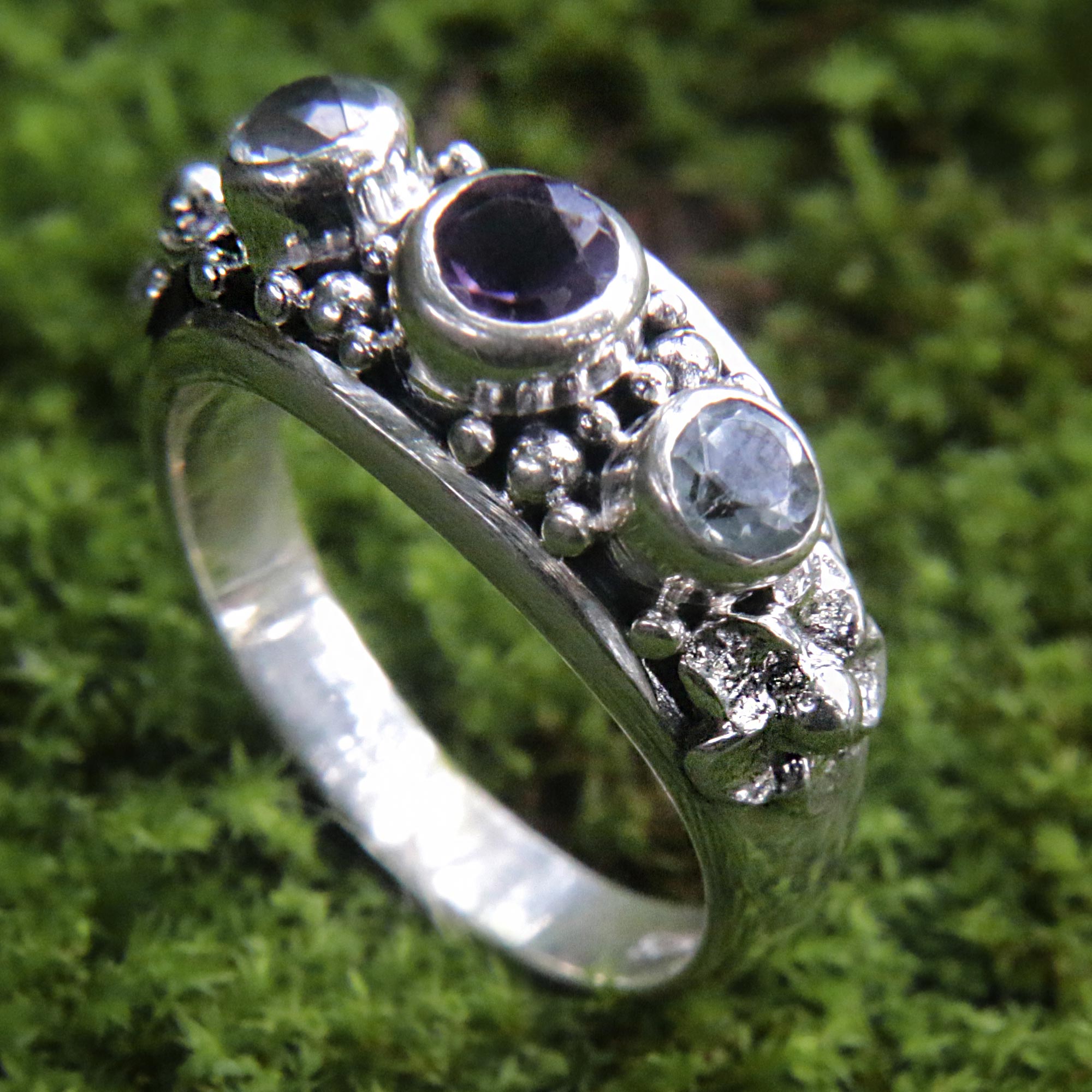 Premium Seminyak Blossoms Sterling Silver Ring with Amethyst & Blue Topaz