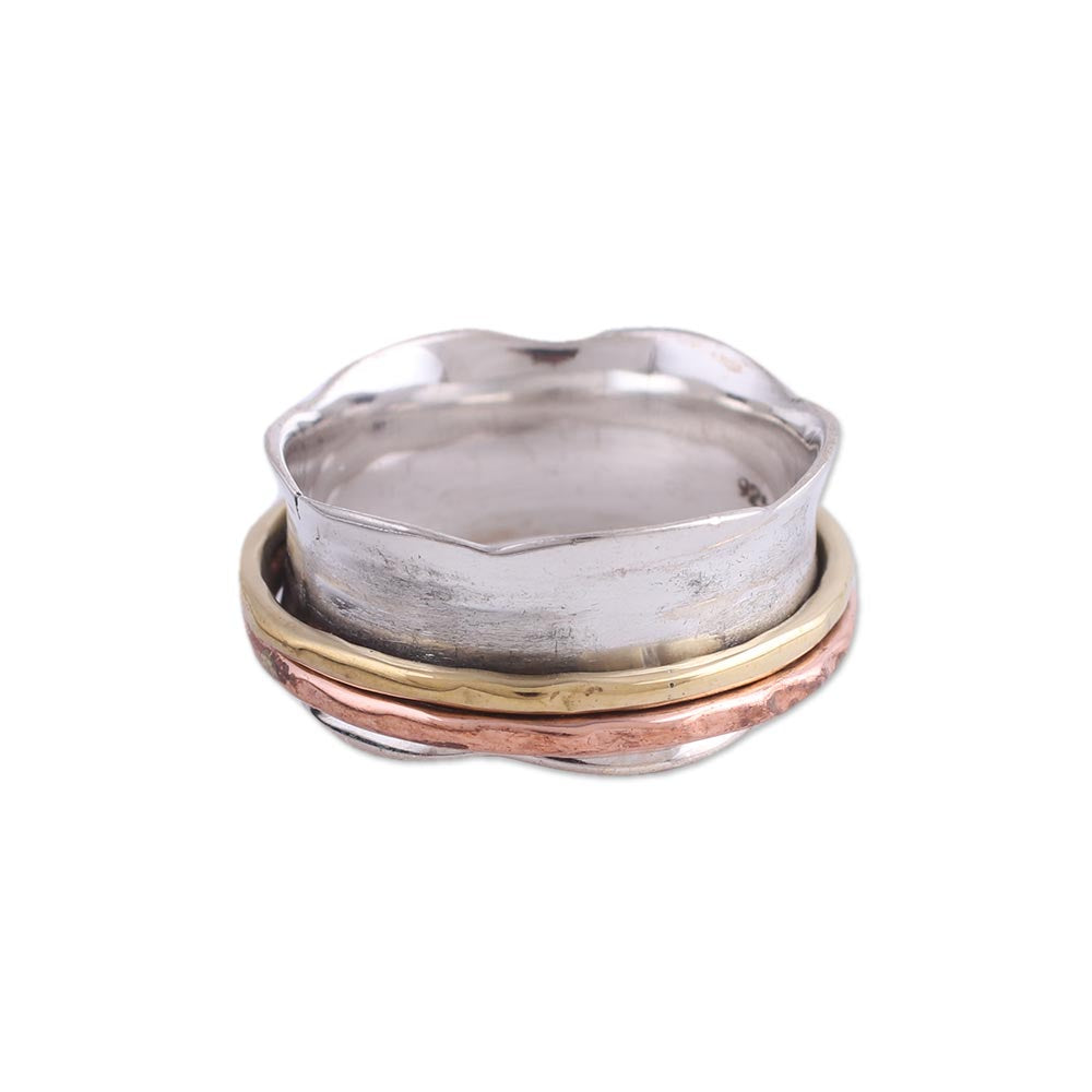 Premium Wavy Cyclone Spinner Ring - Sterling Silver, Copper & Brass Meditation Jewelry