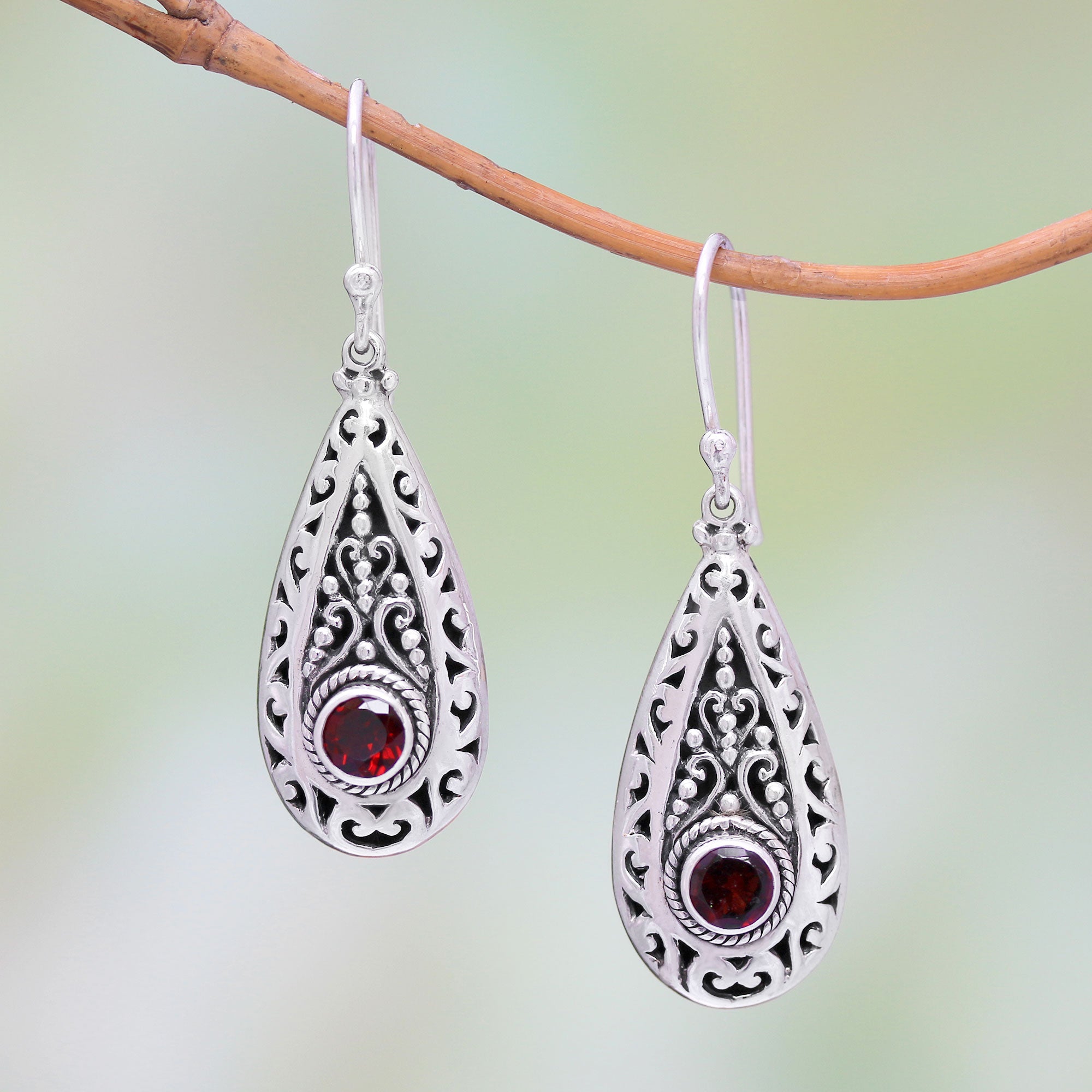 Premium Handcrafted Garnet Teardrop Dangle Earrings in Sterling Silver