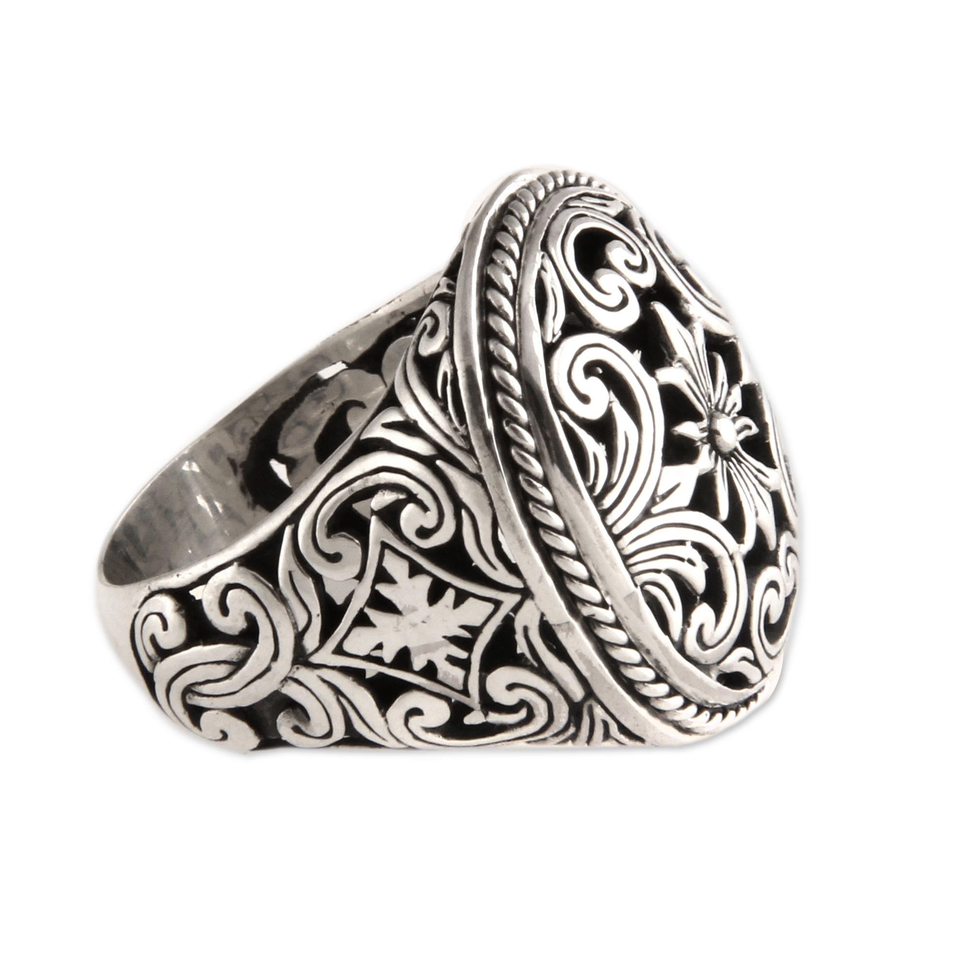 Premium Forest Blossom Silver Floral Signet Ring