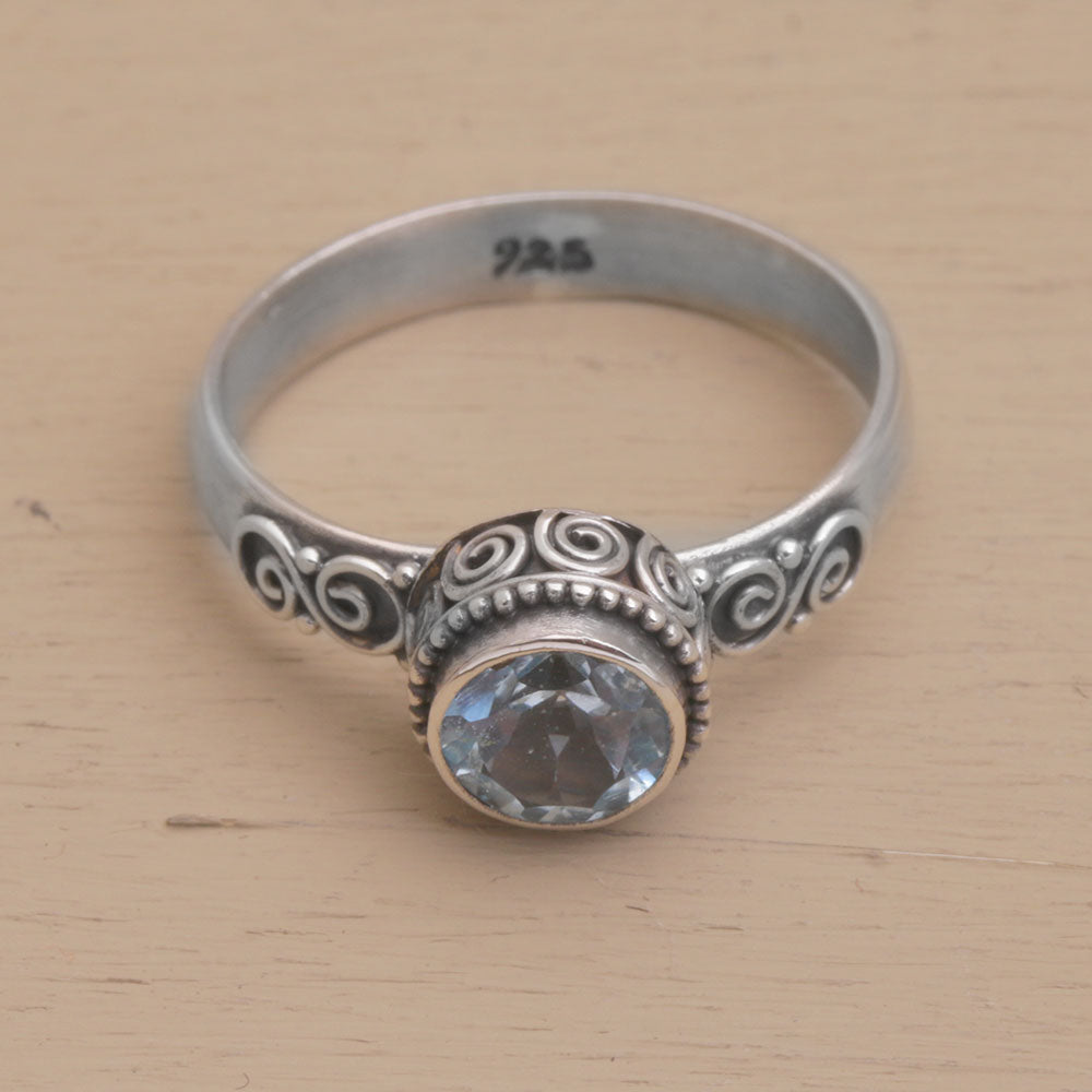 Premium Spiral Crown Blue Topaz Sterling Silver Ring - Handcrafted in Bali