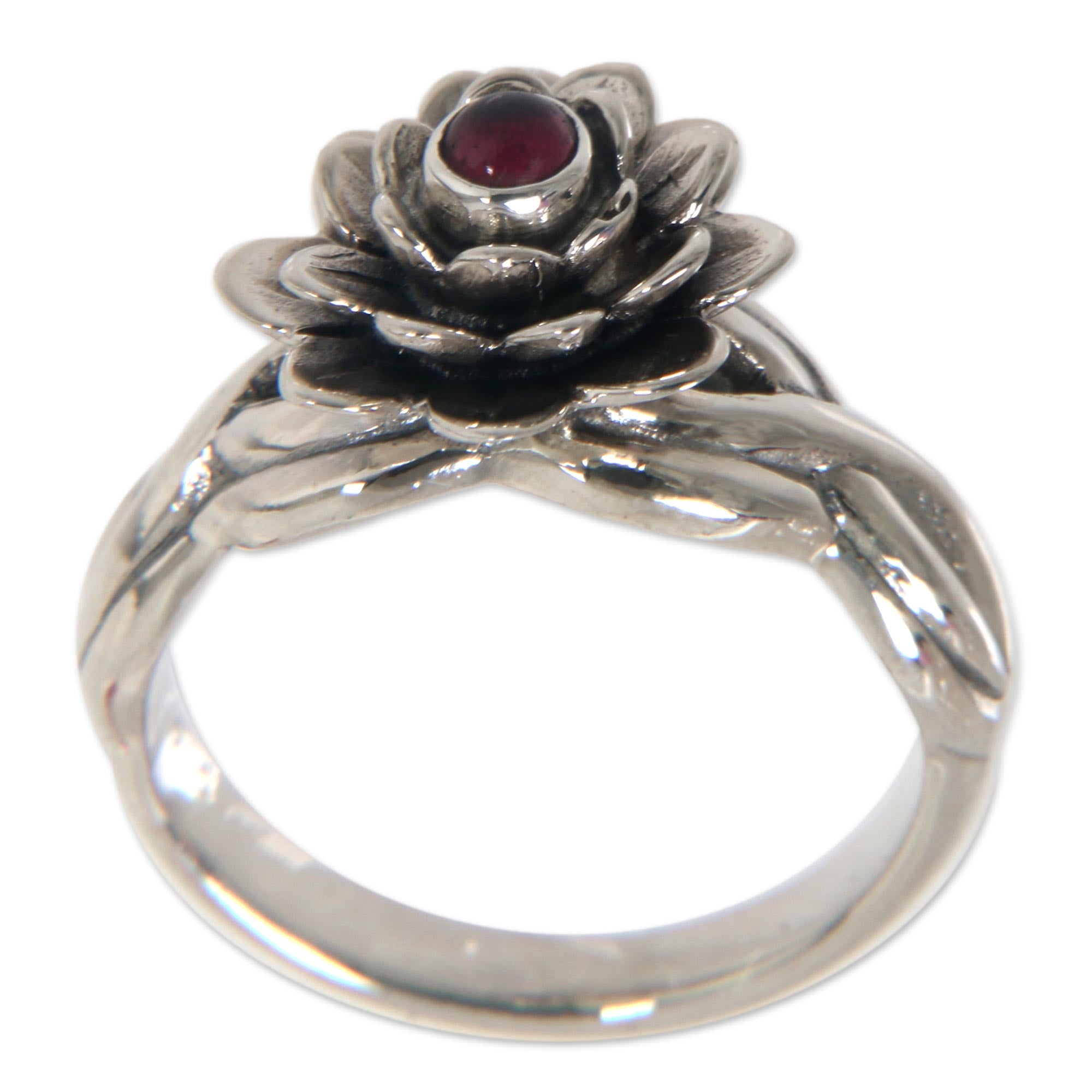 Premium Red-Eyed Lotus Sterling Silver Garnet Ring - Handcrafted Elegance