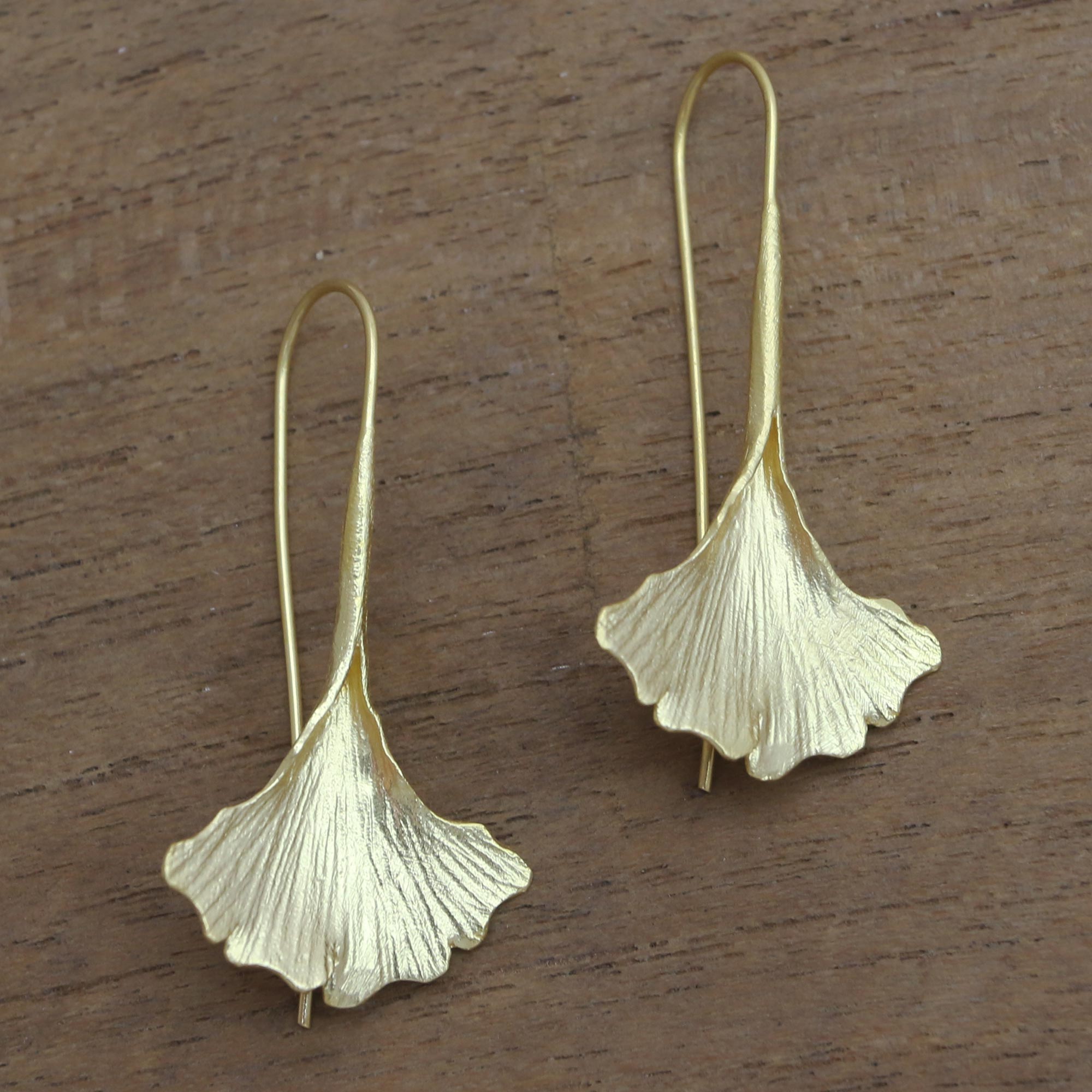 Premium Golden Ginko Leaf Drop Earrings - 18k Gold Plated Sterling Silver