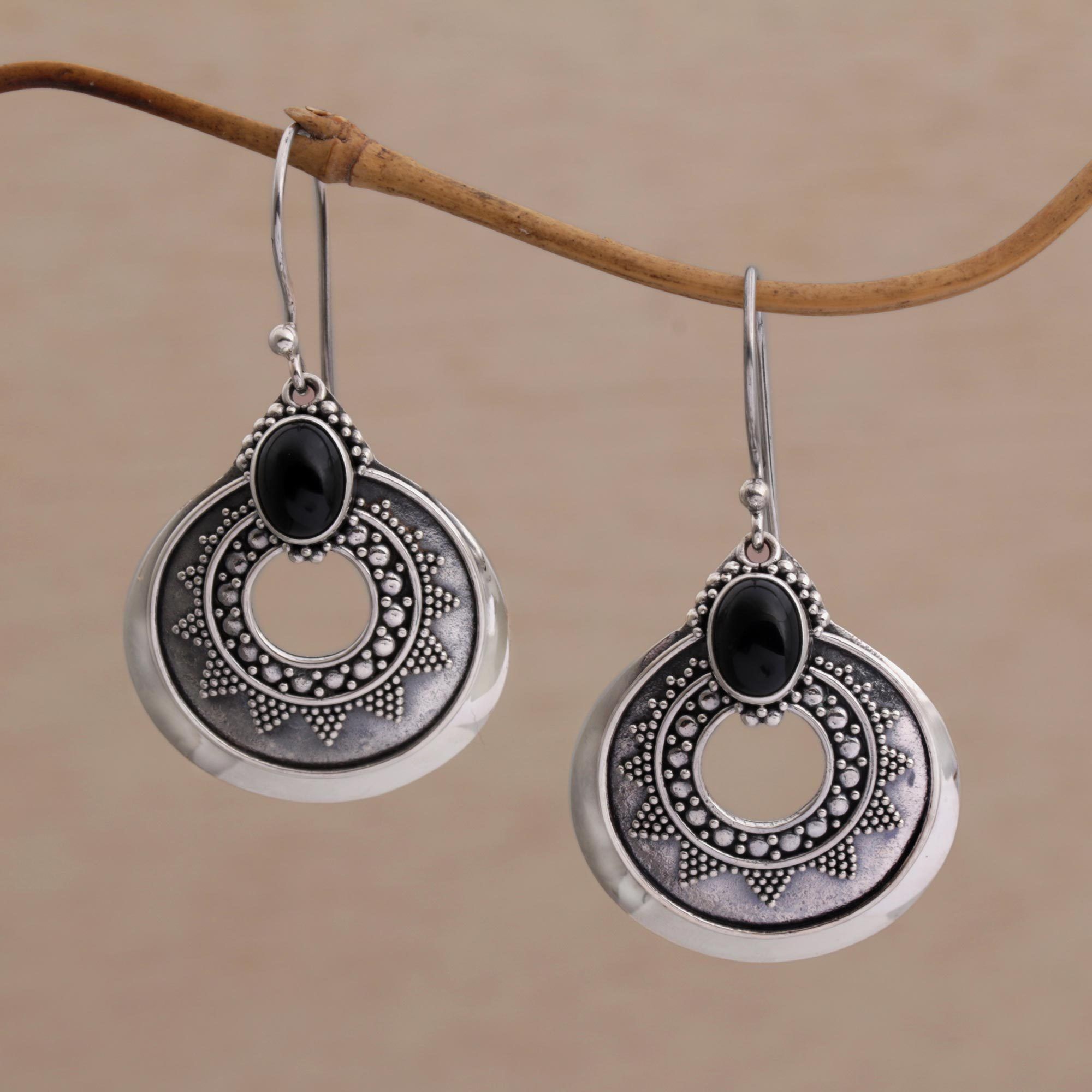 Premium Onyx & Sterling Silver Medallion Earrings - Handcrafted Elegance