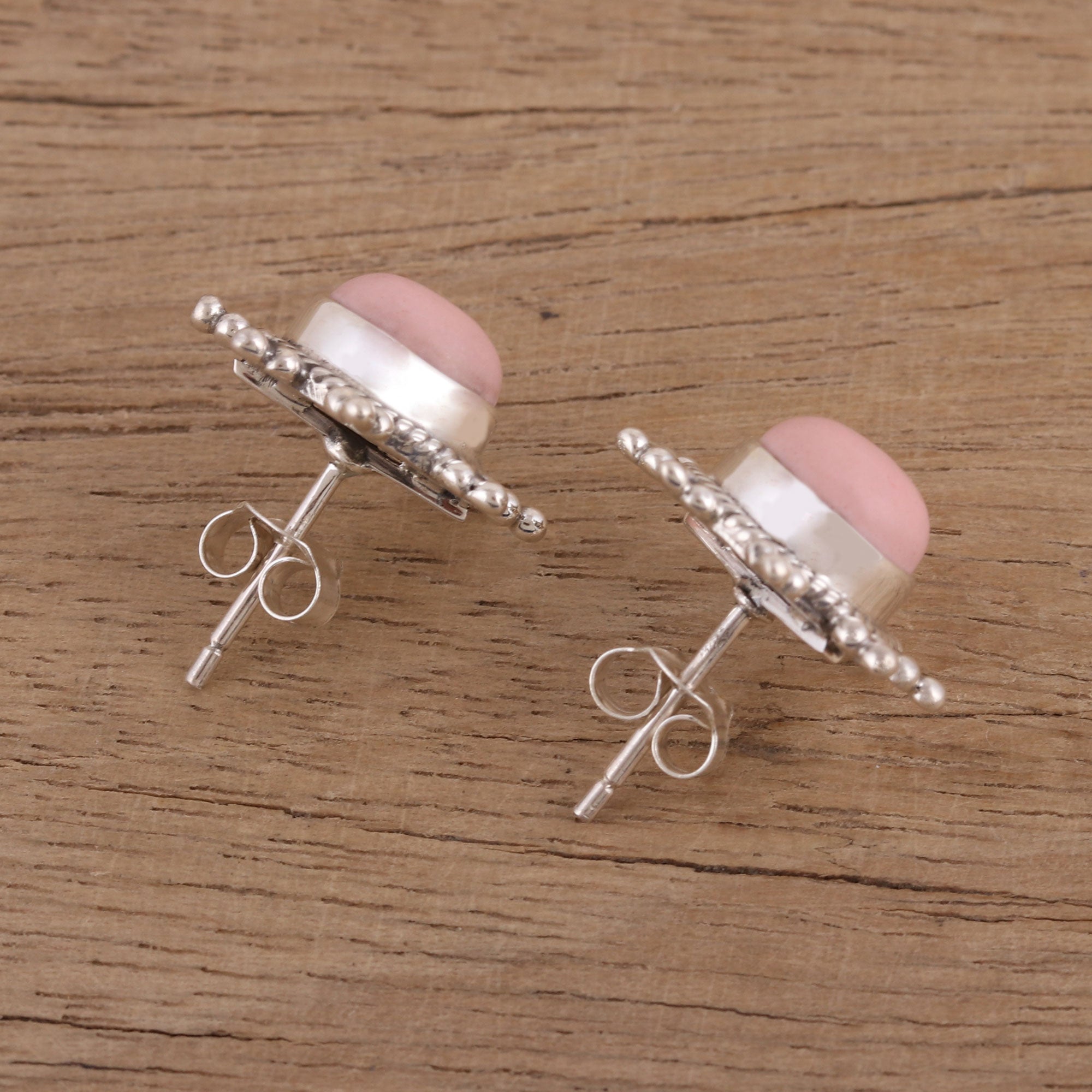 Premium Starry-Eyed Pink Opal Button Earrings in Sterling Silver