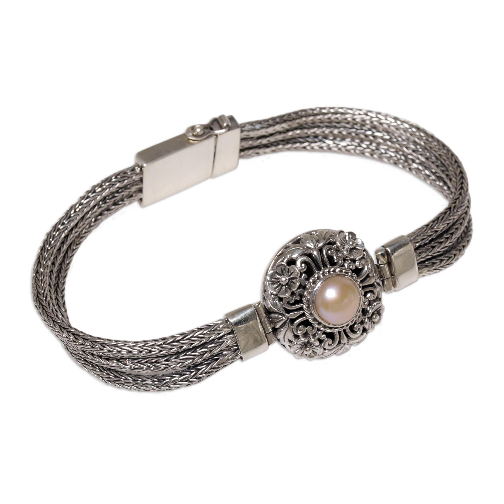 Premium Floral Elegance Pearl & Silver Bracelet