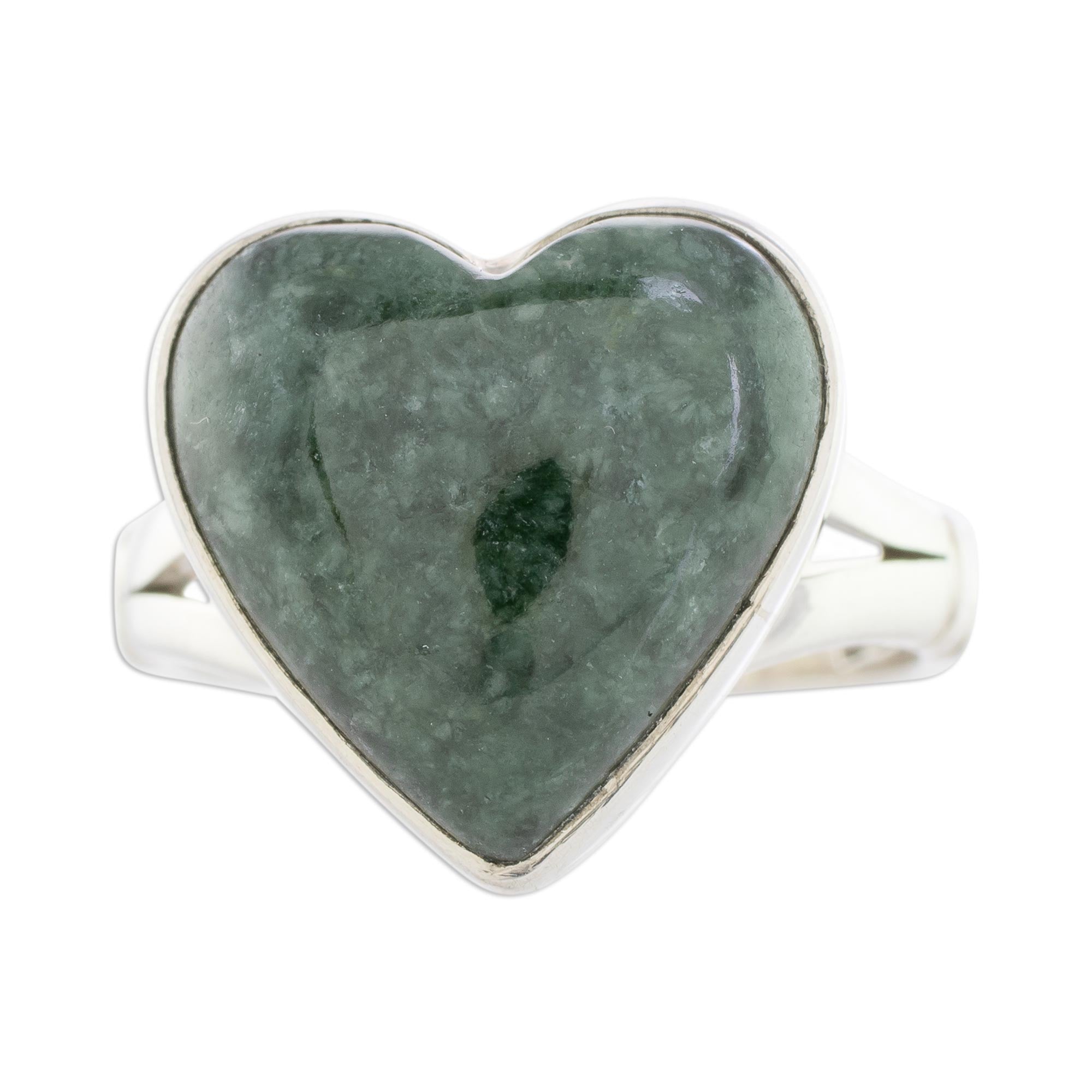 Premium Love Dream Heart-Shaped Dark Green Jade Cocktail Ring - Handcrafted in Guatemala