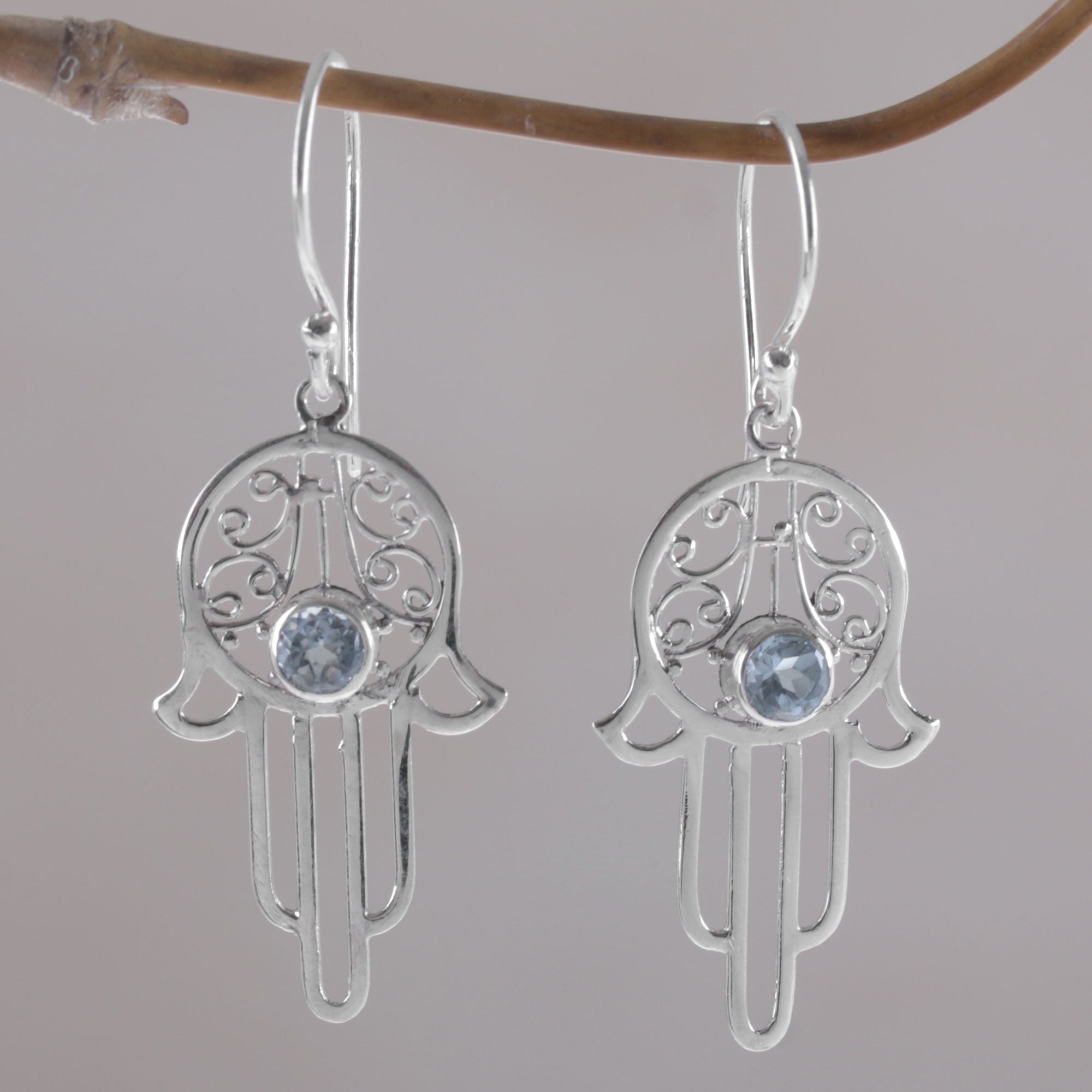 Premium Hamsa Swirls Blue Topaz Sterling Silver Dangle Earrings - Ultimate Protection & Style