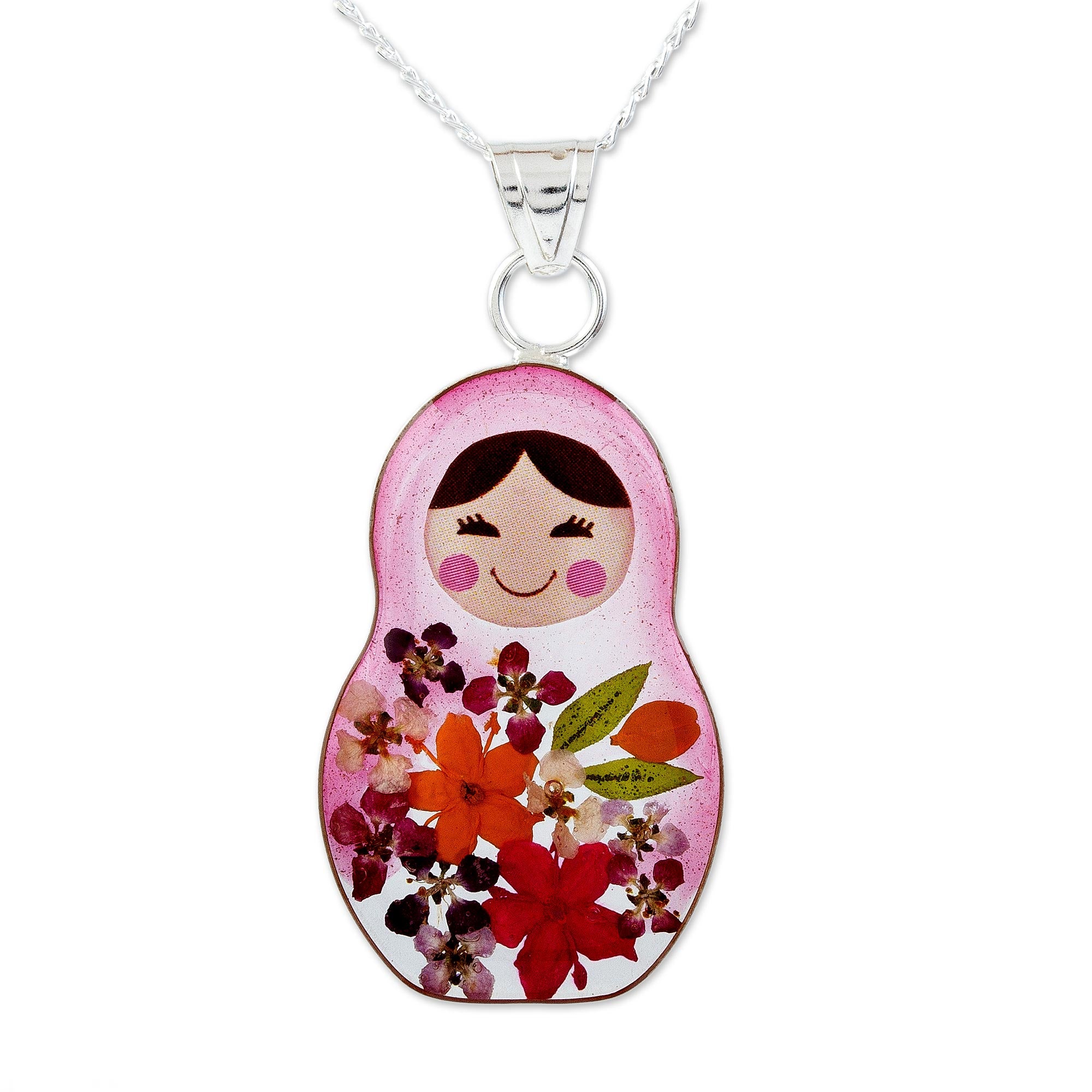 Premium Mexican Matryoshka Pendant Necklace with Natural Flowers - Handcrafted Elegance