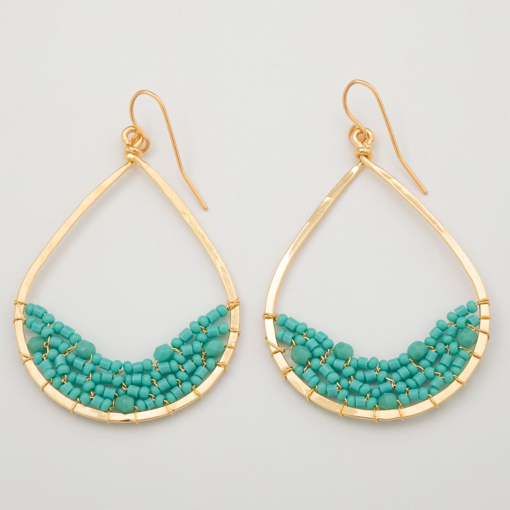 Premium Golden Hammered Teardrop Earrings with Colorful Beads