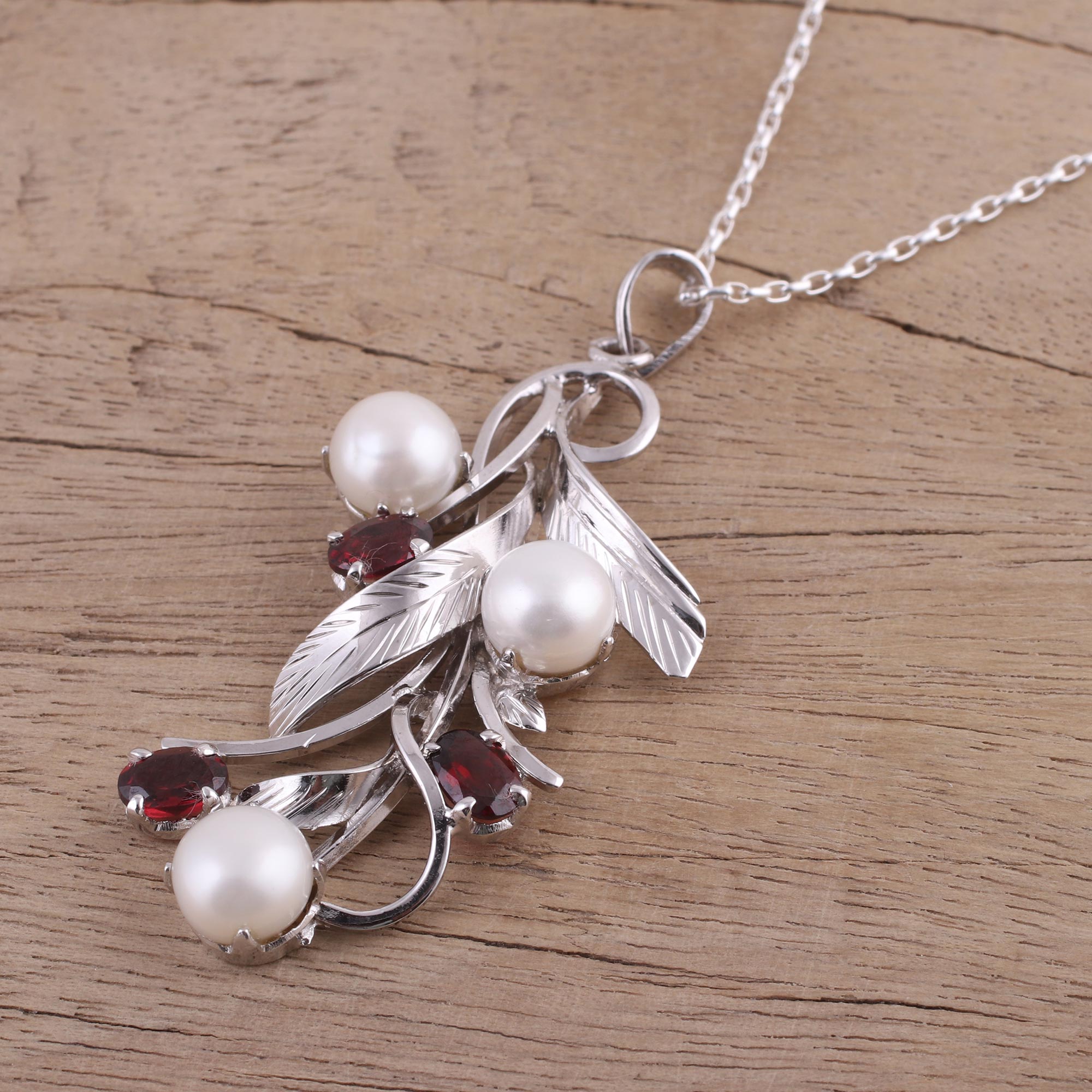 Premium Blissful Nature Necklace - Cultured Pearls & Garnet Jewelry from India