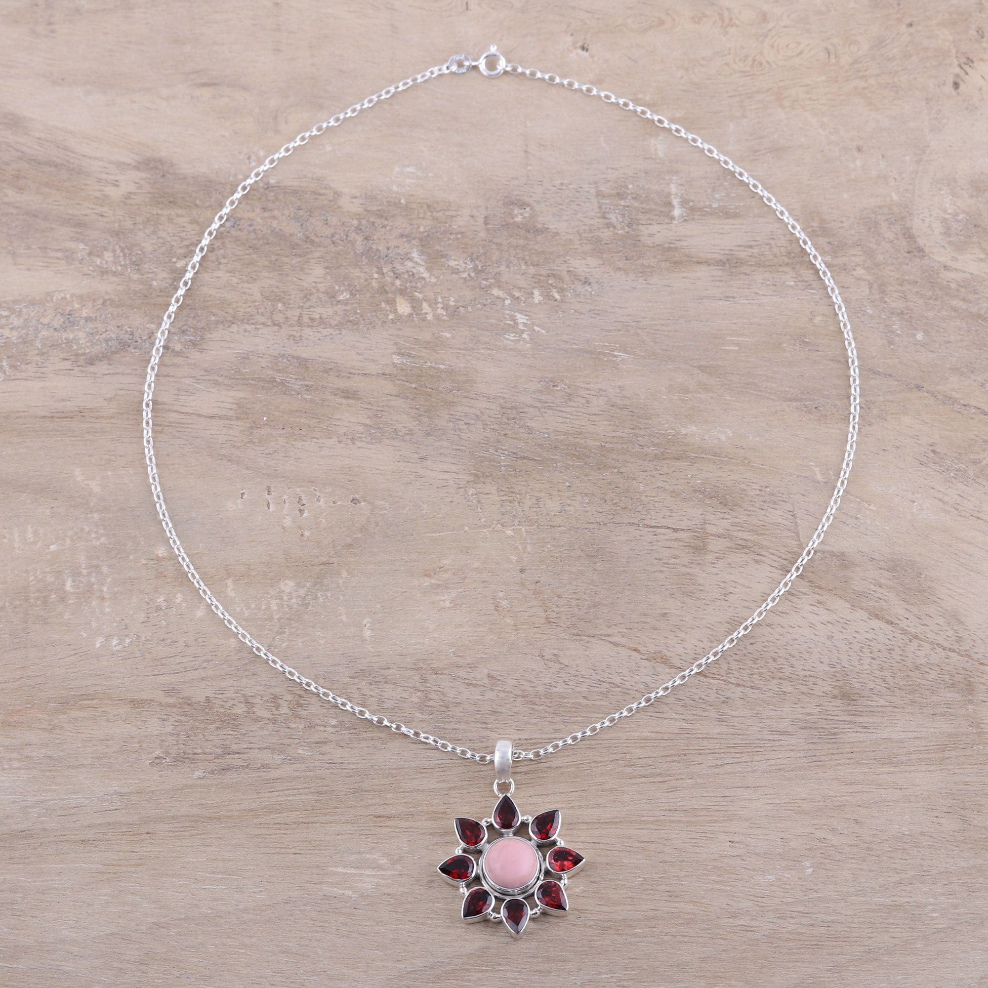 Premium Glowing Flower Pink Opal & Garnet Sterling Silver Necklace