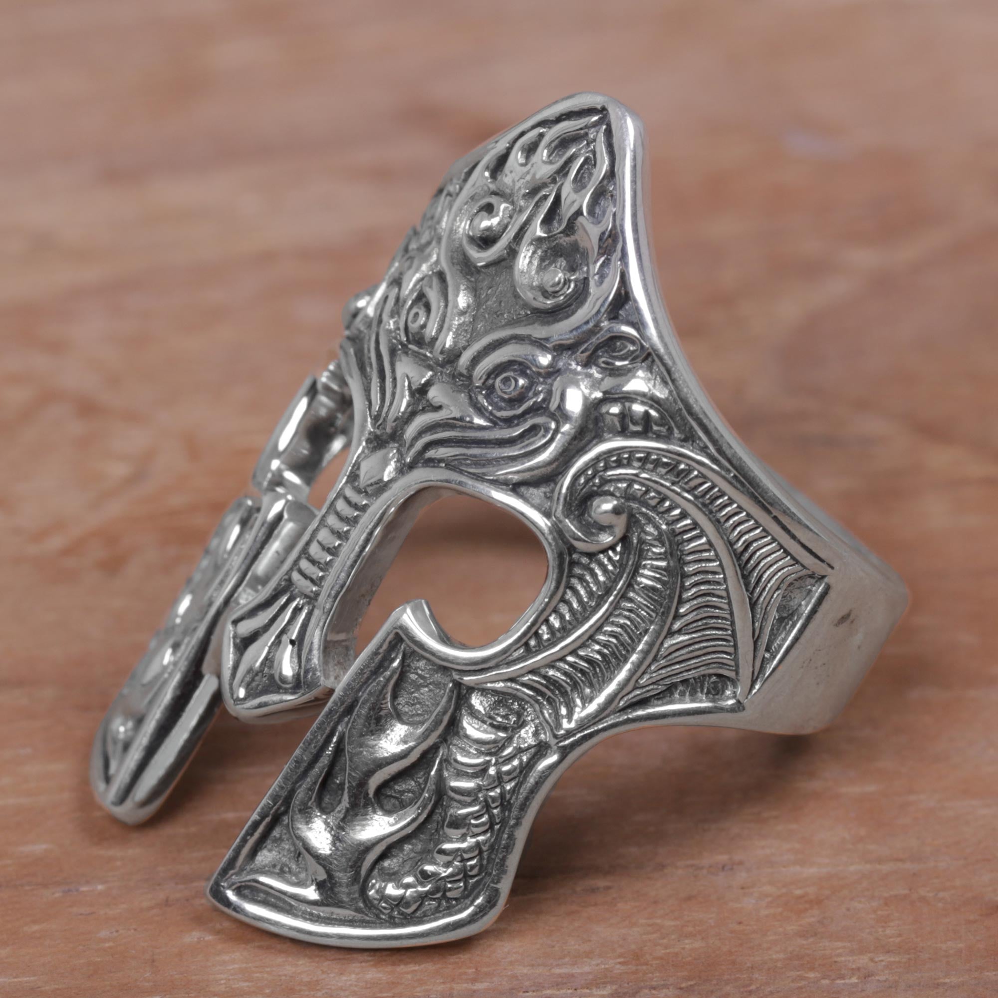 Premium Brawijaya Mask Sterling Silver Men's Ring - Handcrafted Dragon Design