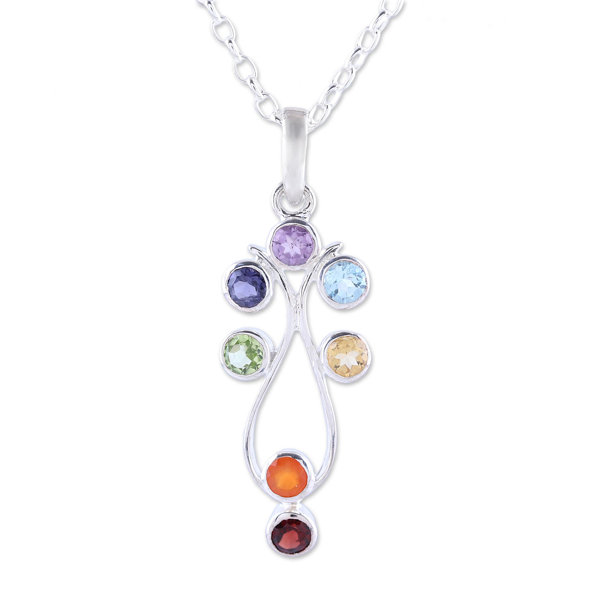 Premium Chakra Harmony Sterling Silver & Multi-Gemstone Pendant Necklace