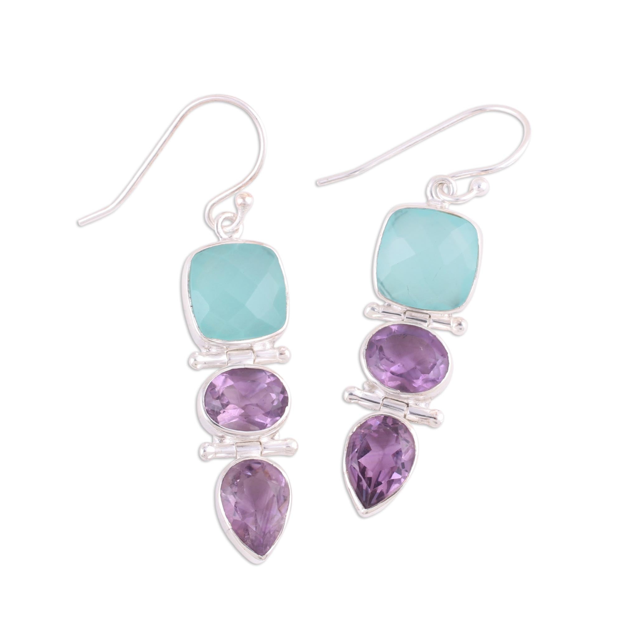 Premium Glittering Muse Amethyst & Blue Chalcedony Dangle Earrings