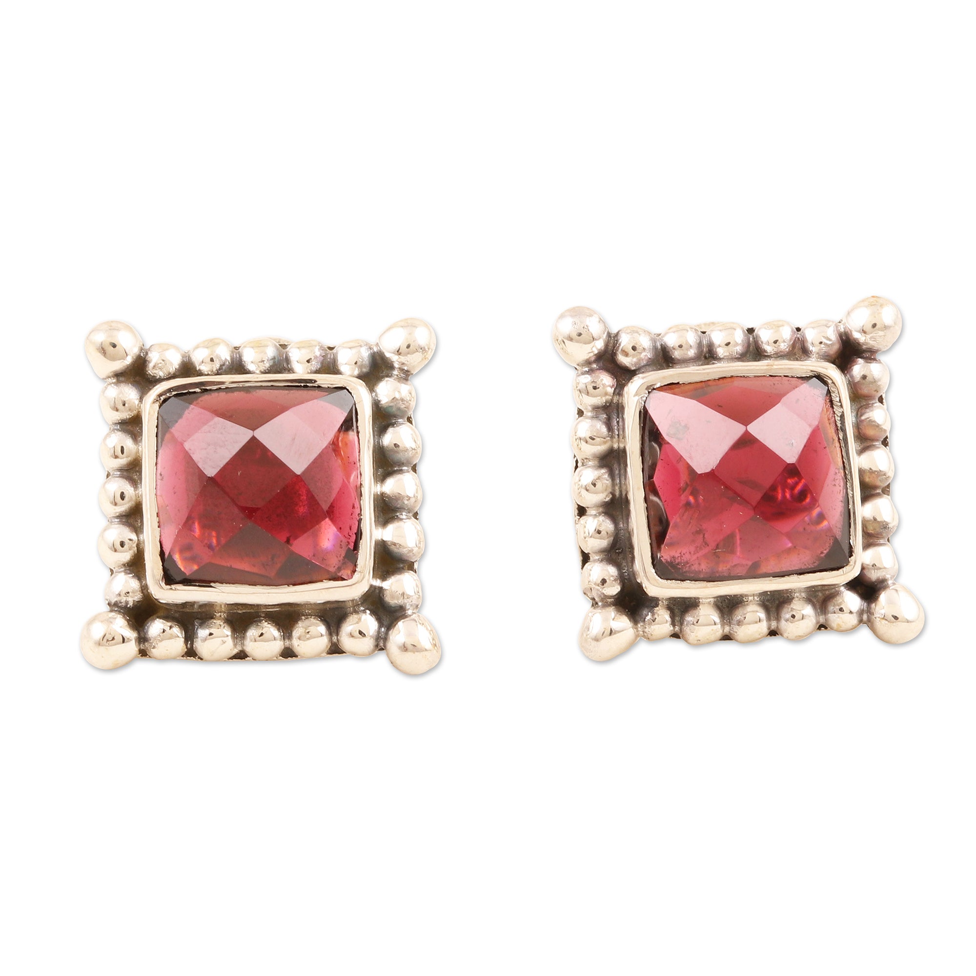 Premium Red Checkerboard Garnet Sterling Silver Stud Earrings - Picture Perfect Style