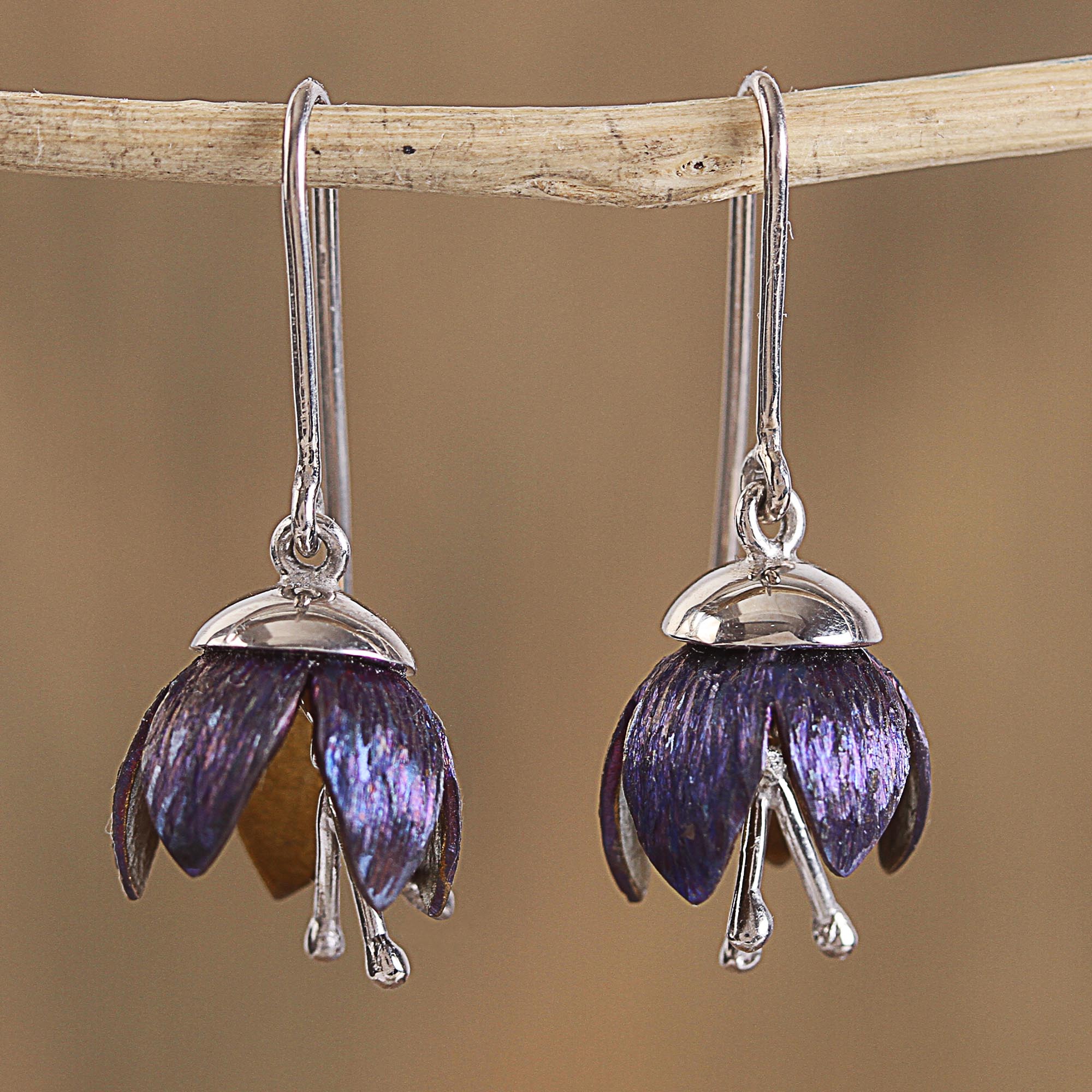 Premium Titanium-Plated Sterling Silver Floral Dangle Earrings