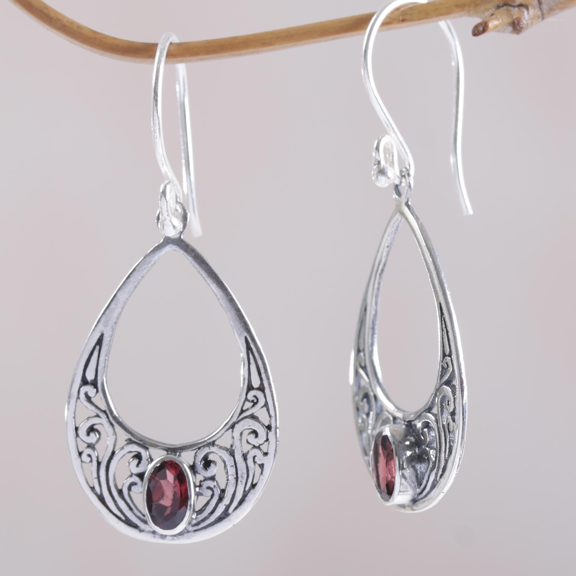 Premium Elegant Tears Garnet & Silver Dangle Earrings - Handcrafted in Bali