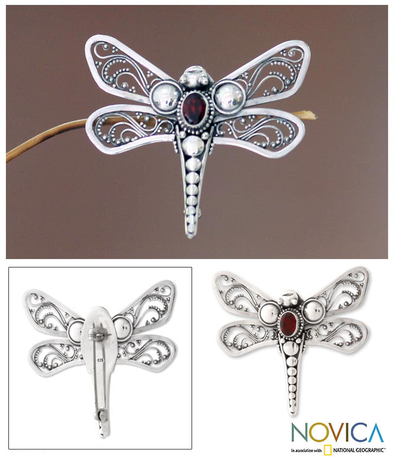 Premium Scarlet Dragonfly Brooch - Sterling Silver & Garnet Jewelry