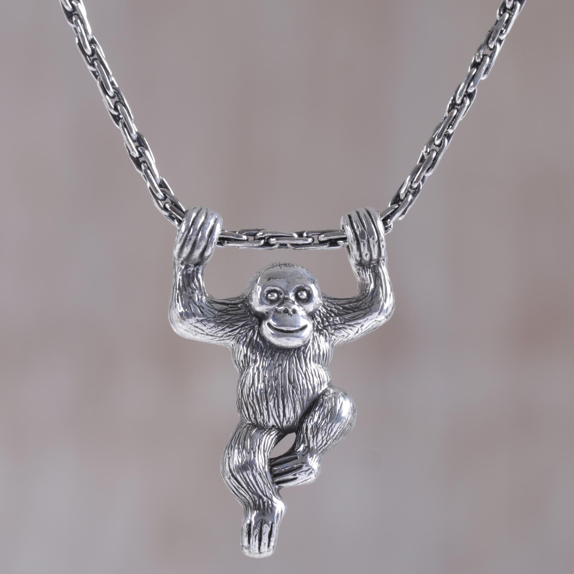 Premium Sterling Silver Monkey Charm Necklace - Handcrafted Unisex Design