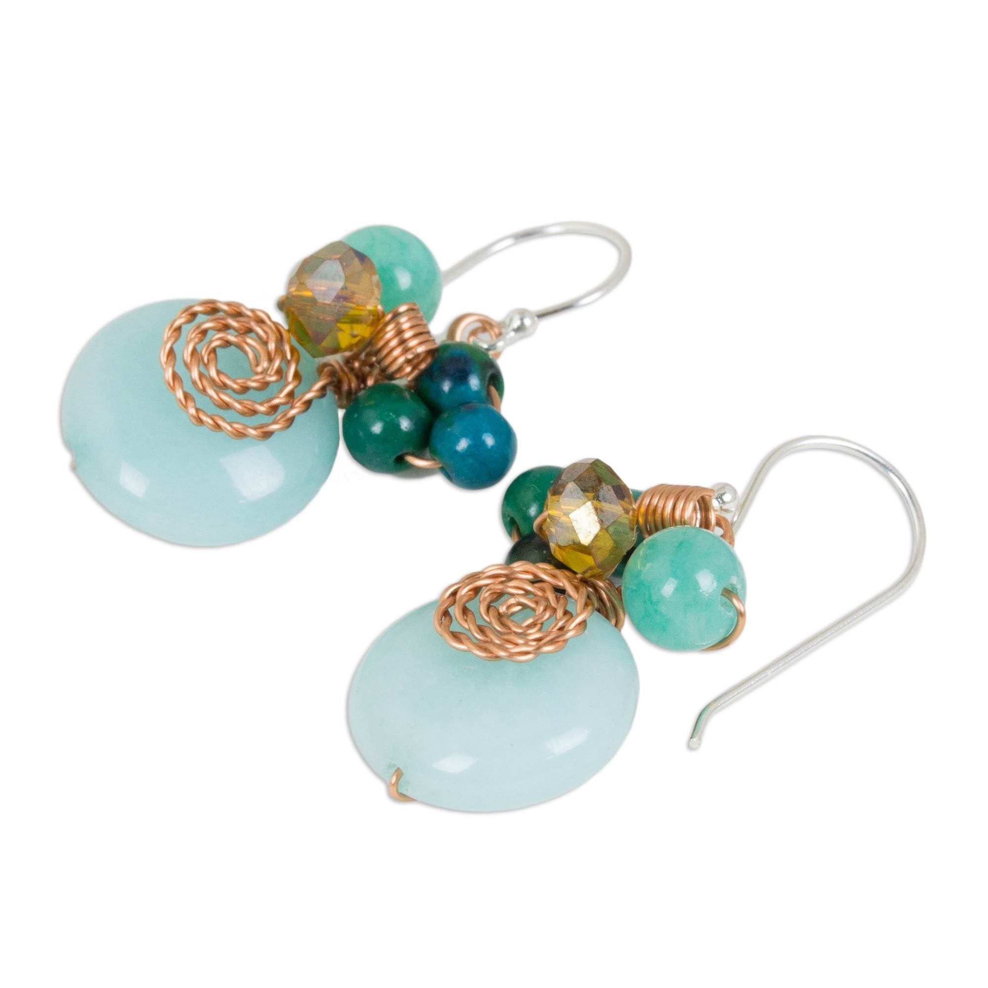 Premium Moonlight Garden Aqua Serpentine Quartz Dangle Earrings with Copper Accents