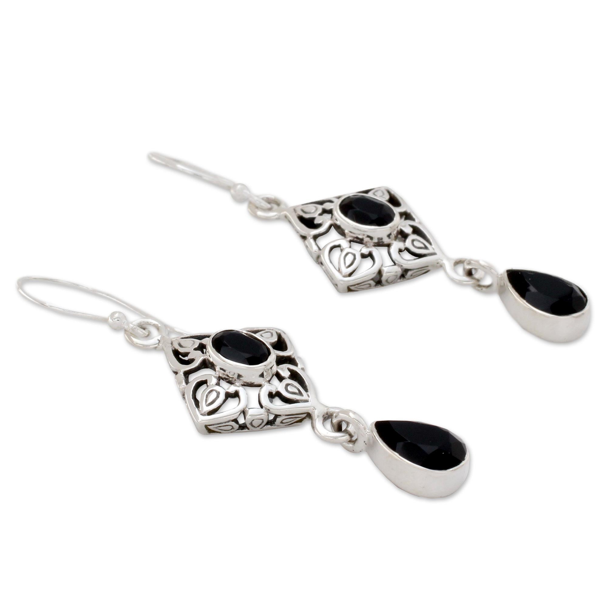 Premium Sterling Silver and Black Onyx Dangle Earrings - Elegant Ornate Design