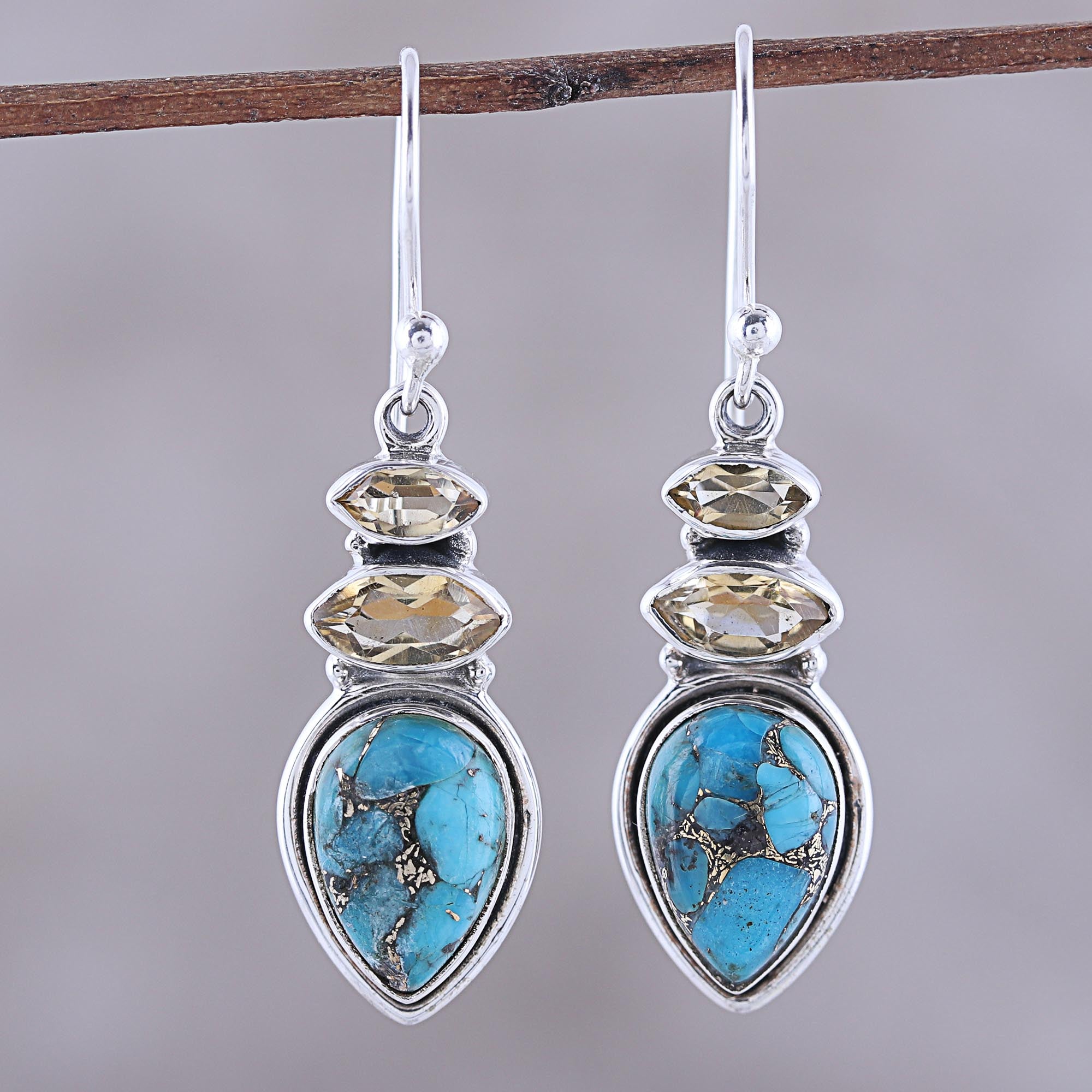 Premium Citrine & Turquoise Sterling Silver Dangle Earrings – Handcrafted in India