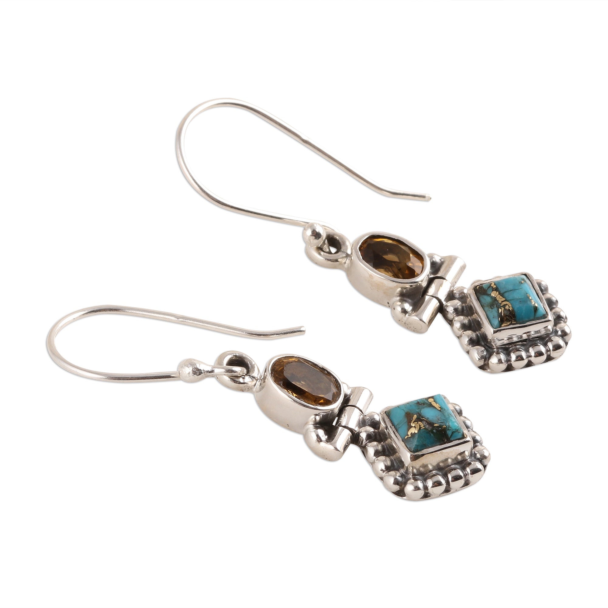 Premium Citrine & Turquoise Sterling Silver Dangle Earrings – Handcrafted in India