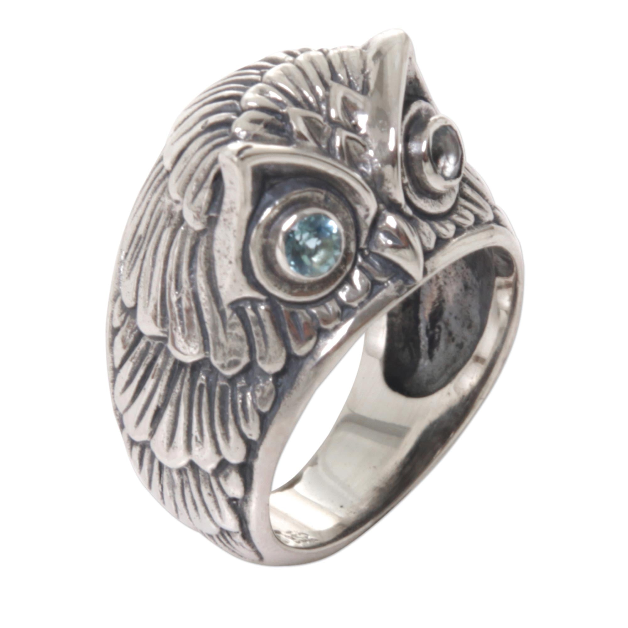 NOVICA Premium Blue Topaz Sterling Silver Owl Ring 'Night Watcher in Blue'