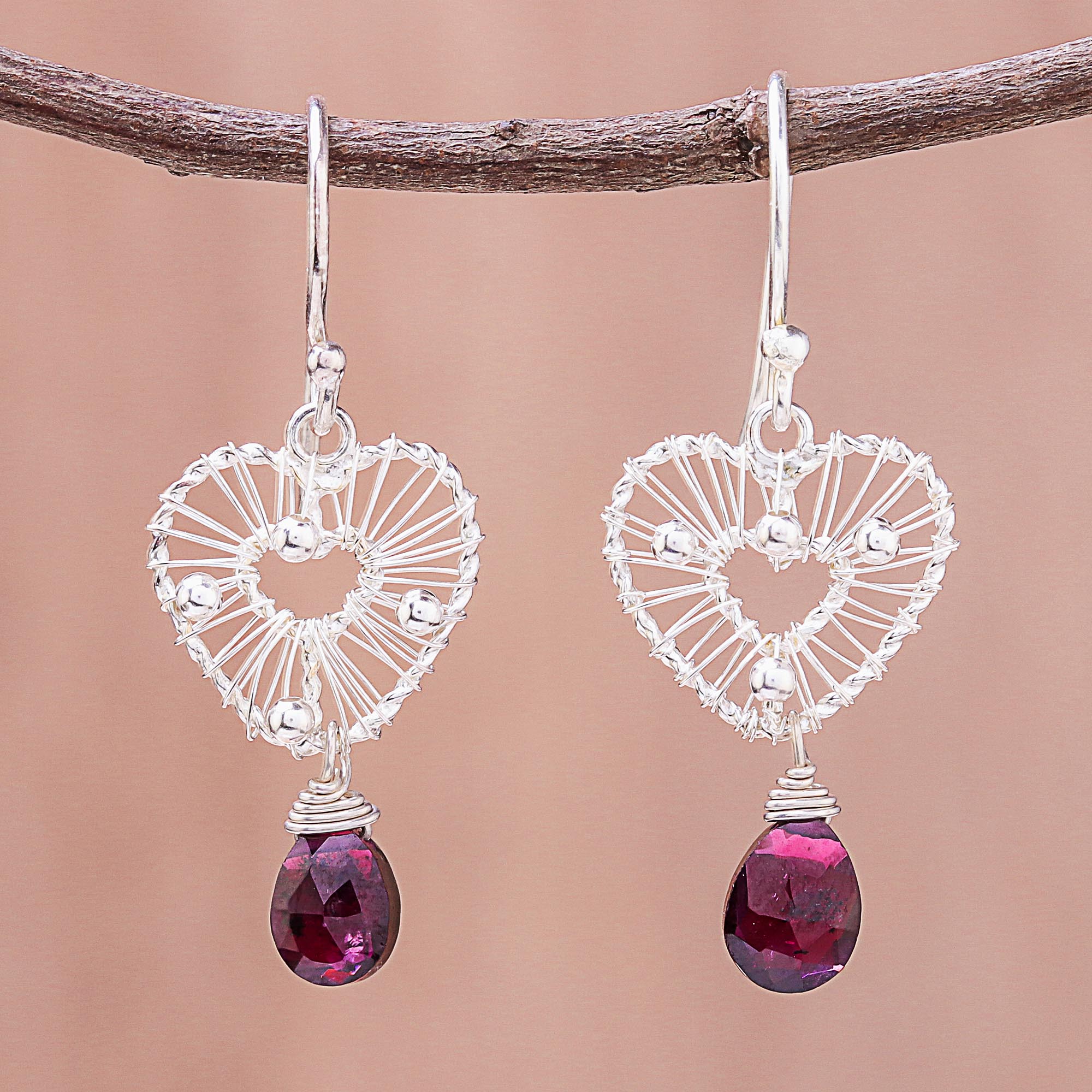 Premium Heart-Shaped Garnet Dangle Earrings - Handcrafted Sterling Silver Jewelry from Thailand