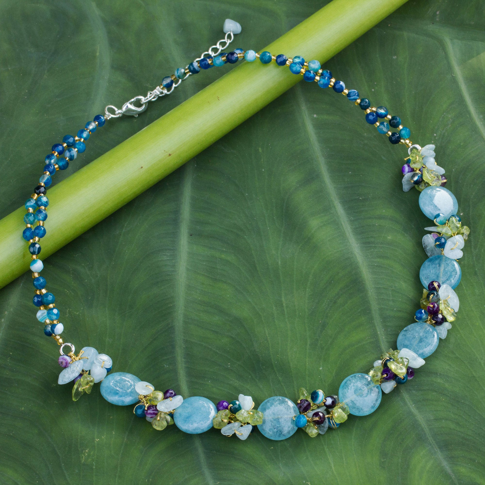 Premium Light Blue Peonies Multi-Gem Beaded Necklace - Handcrafted Elegance