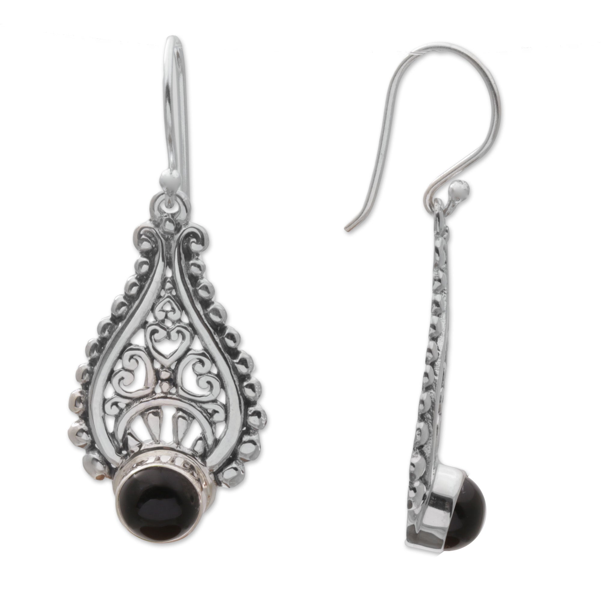 Premium Black Onyx and Sterling Silver Teardrop Earrings - Handcrafted in Bali