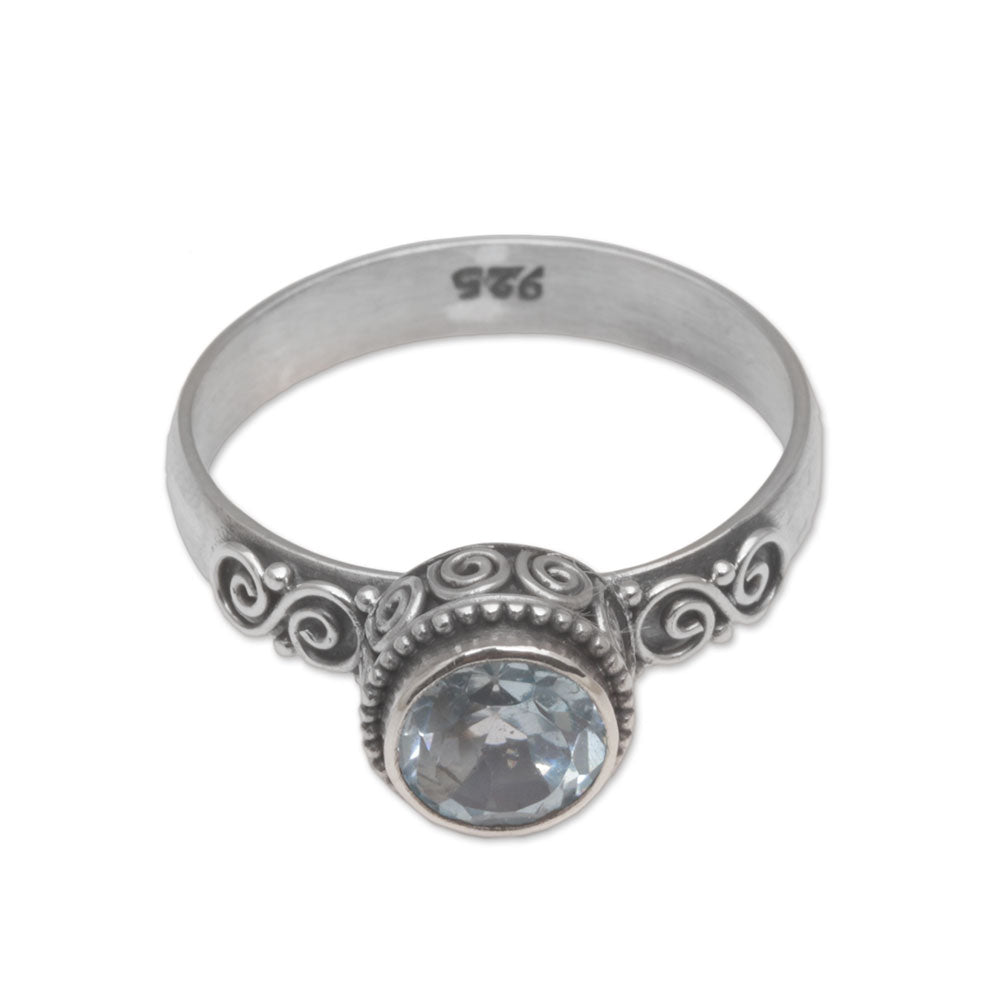 Premium Spiral Crown Blue Topaz Sterling Silver Ring - Handcrafted in Bali