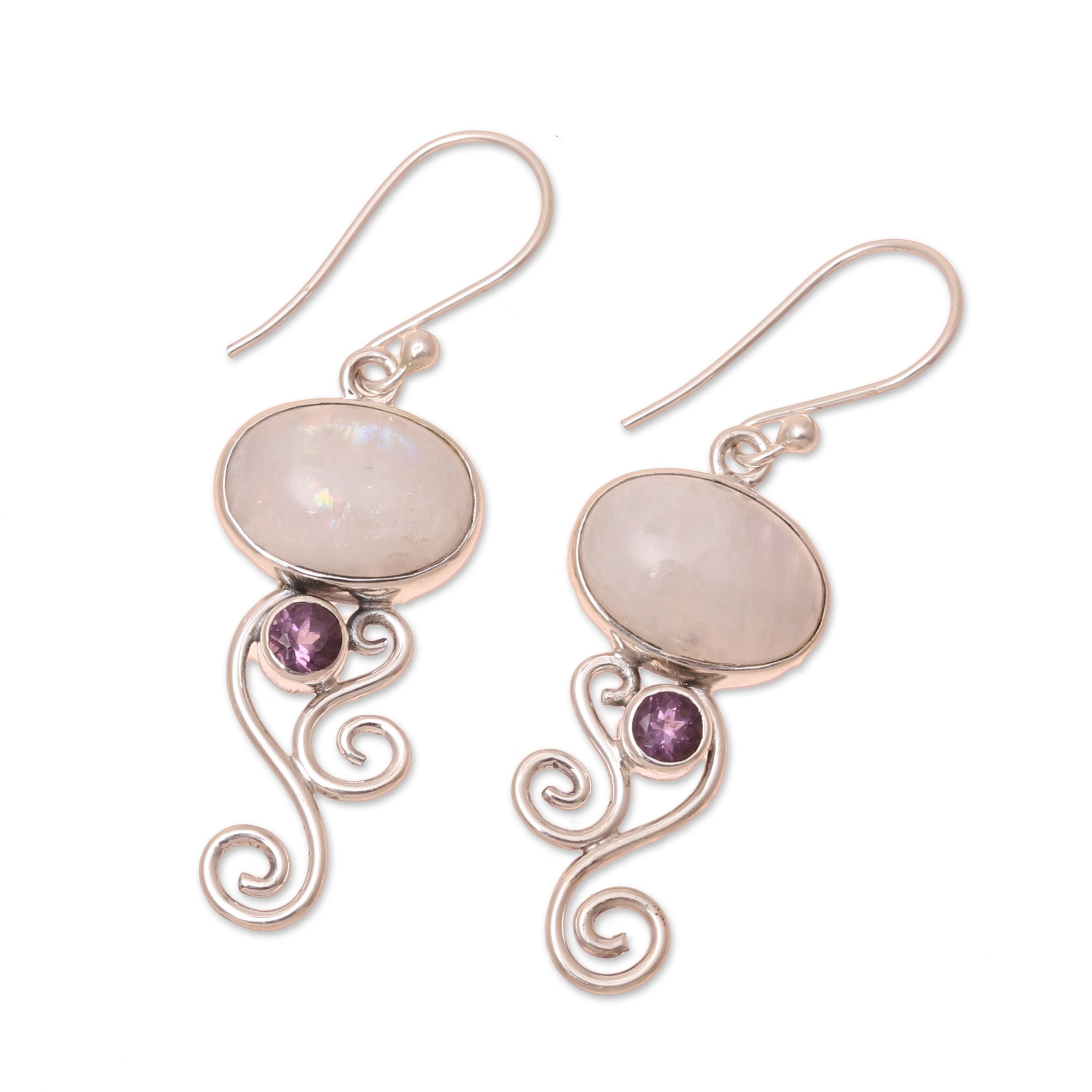 Premium Oval Tendrils Rainbow Moonstone & Amethyst Dangle Earrings - Handcrafted in India