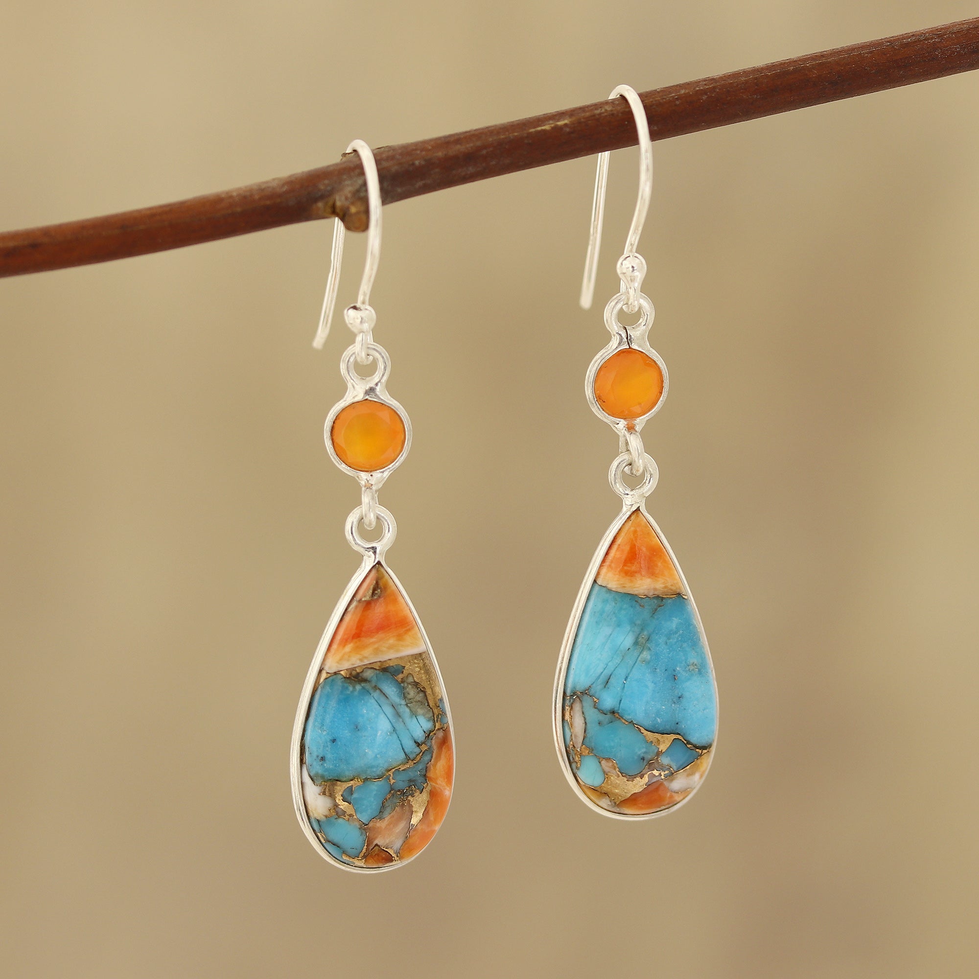 Premium Teardrop Glamour Earrings: Carnelian & Turquoise Elegance from India