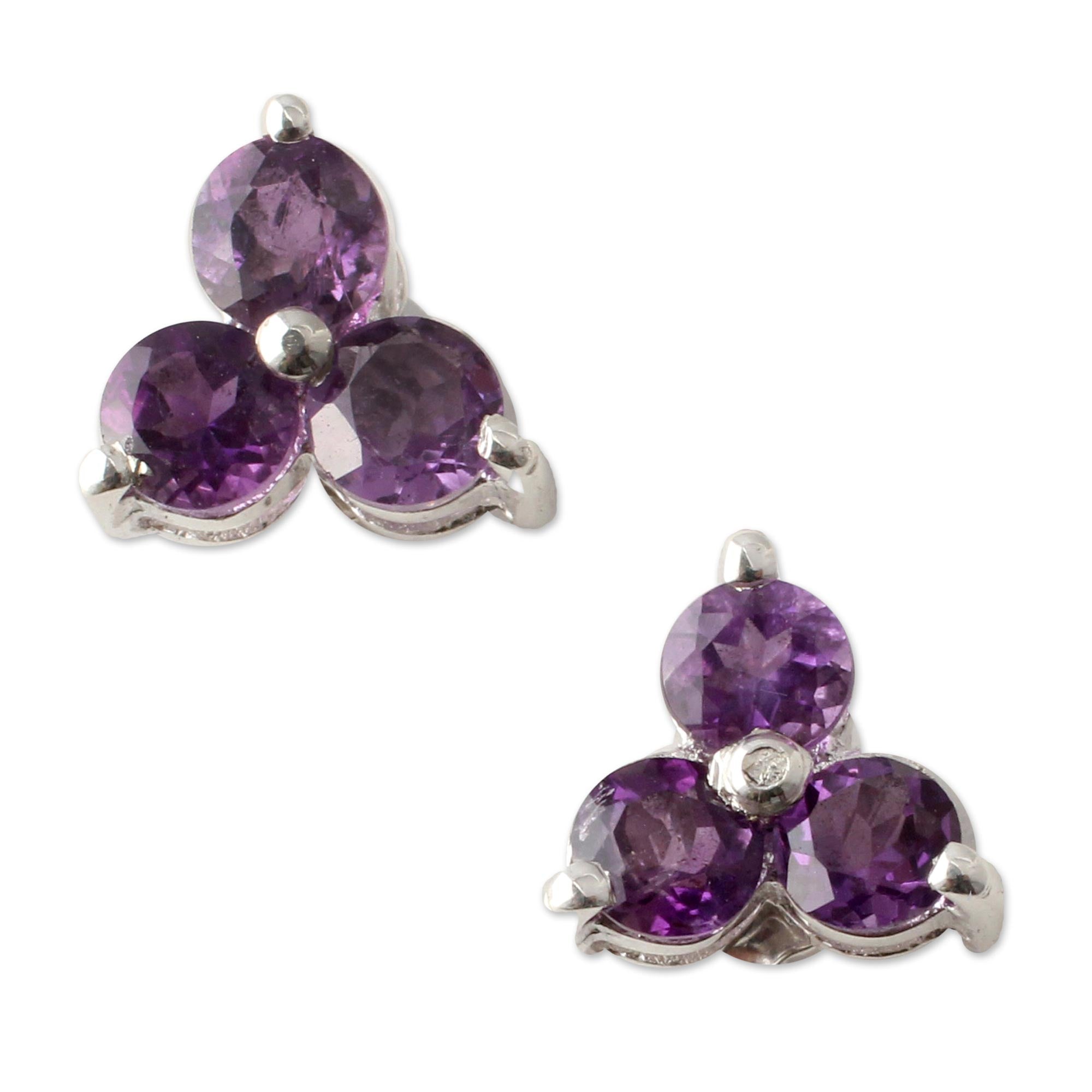 Premium Amethyst Trio Silver Button Earrings - Handcrafted Elegance