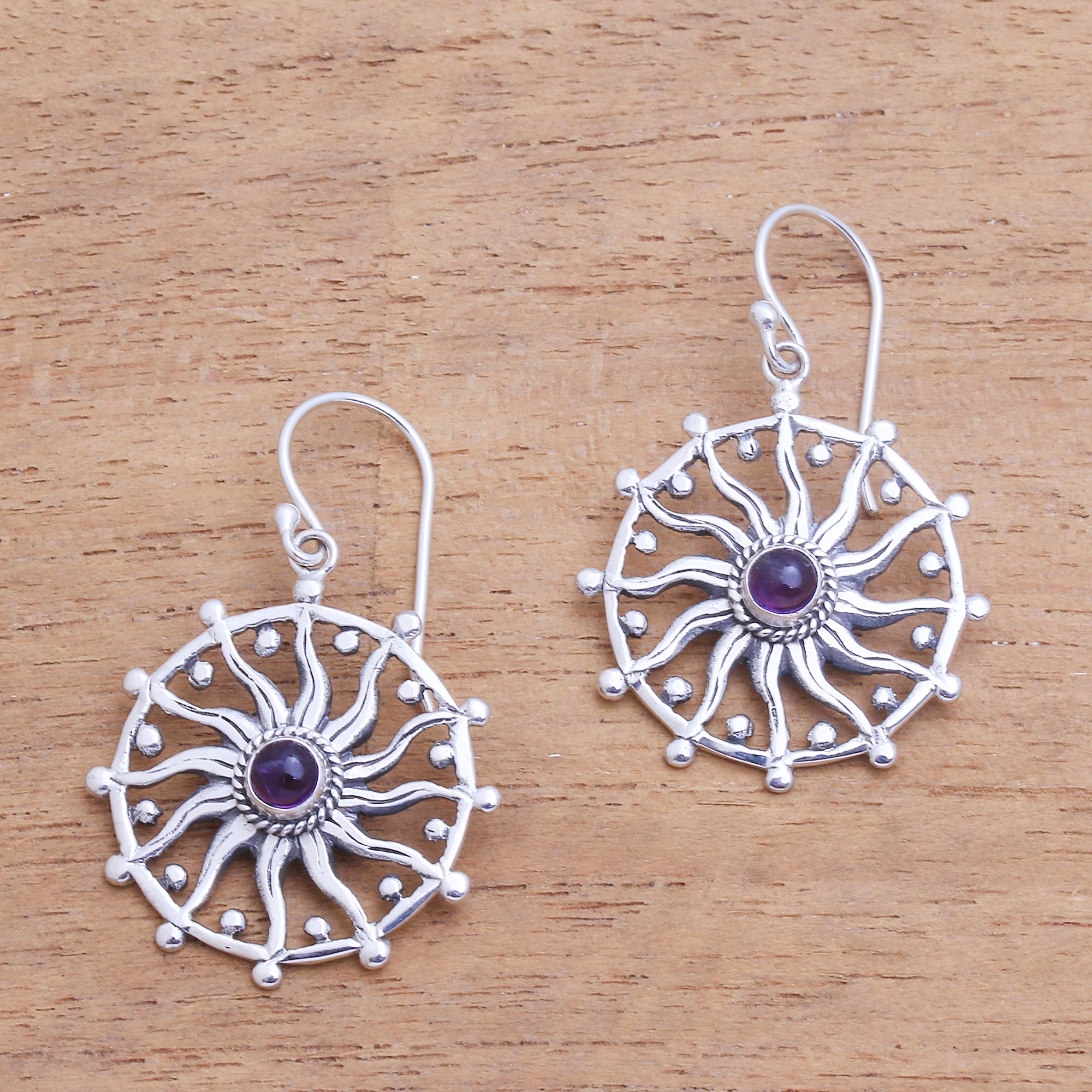 Premium Bali Amethyst Dangle Earrings - Regal Sun Design