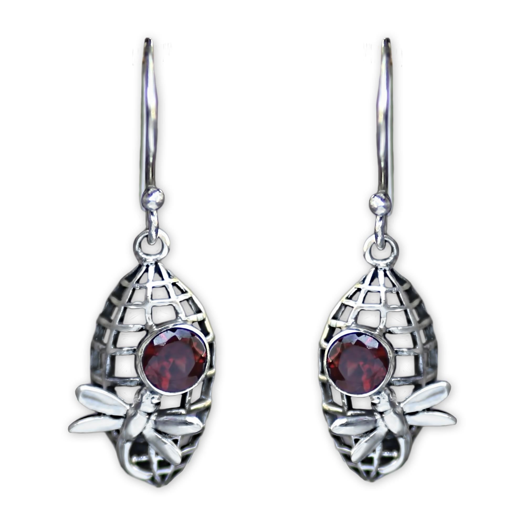 Premium Crimson Dragonfly Earrings with 1 Carat Garnet Accents - Handcrafted Sterling Silver Jewelry