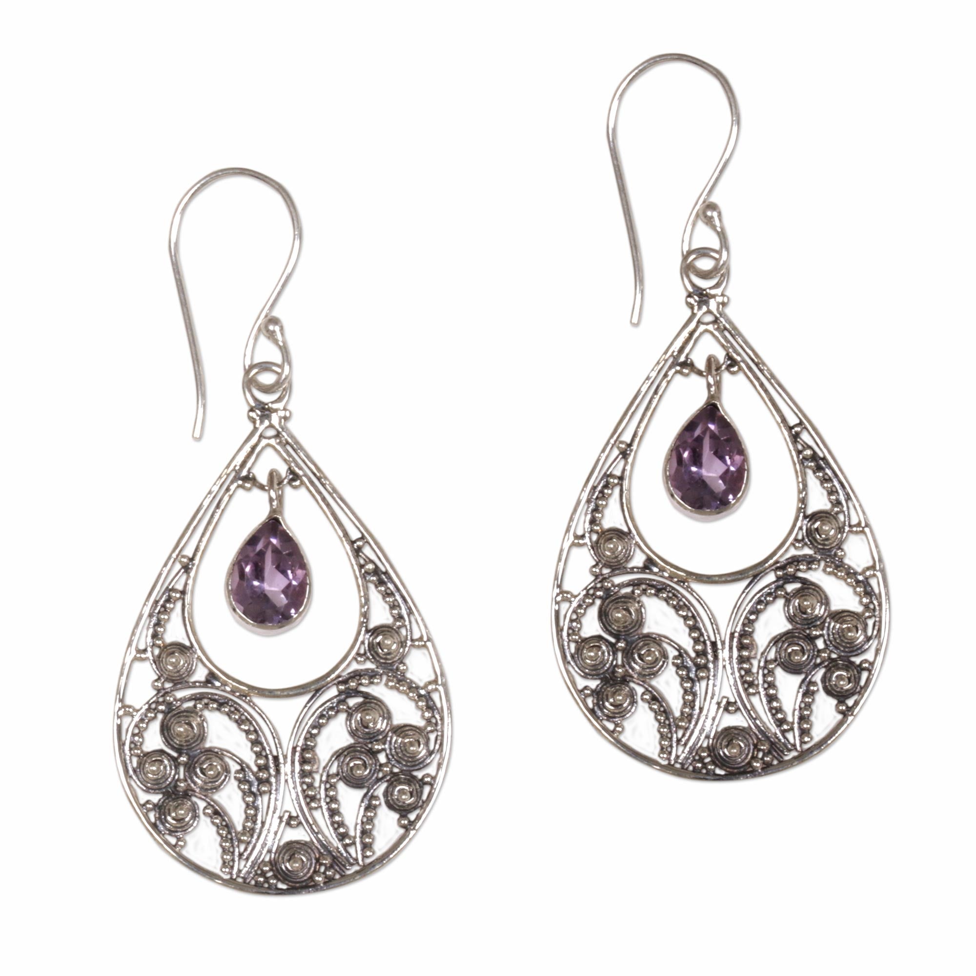 Premium Bali Crest Amethyst Dangle Earrings in Sterling Silver