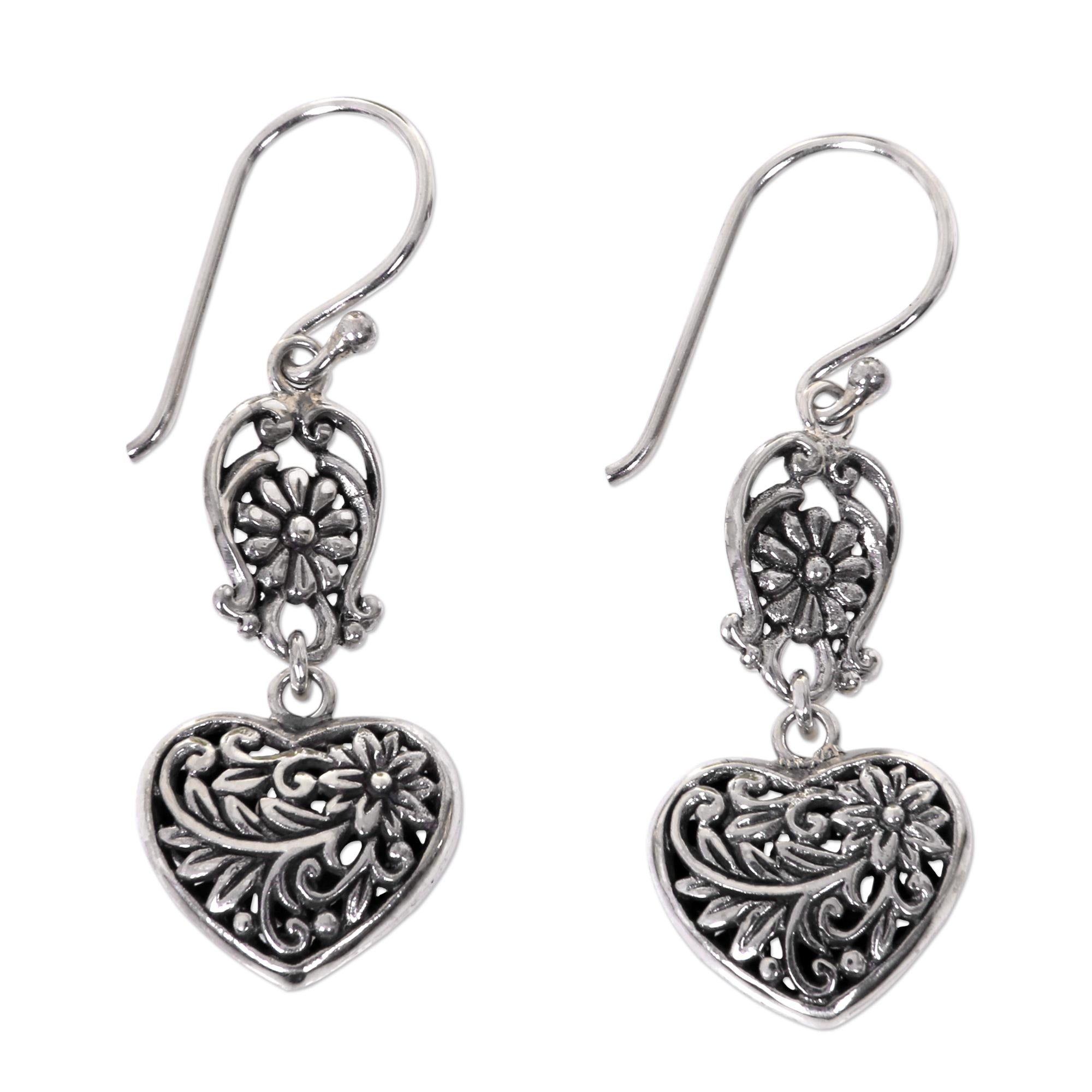 Premium Blooming Hearts Sterling Silver Dangle Earrings - Handcrafted in Bali