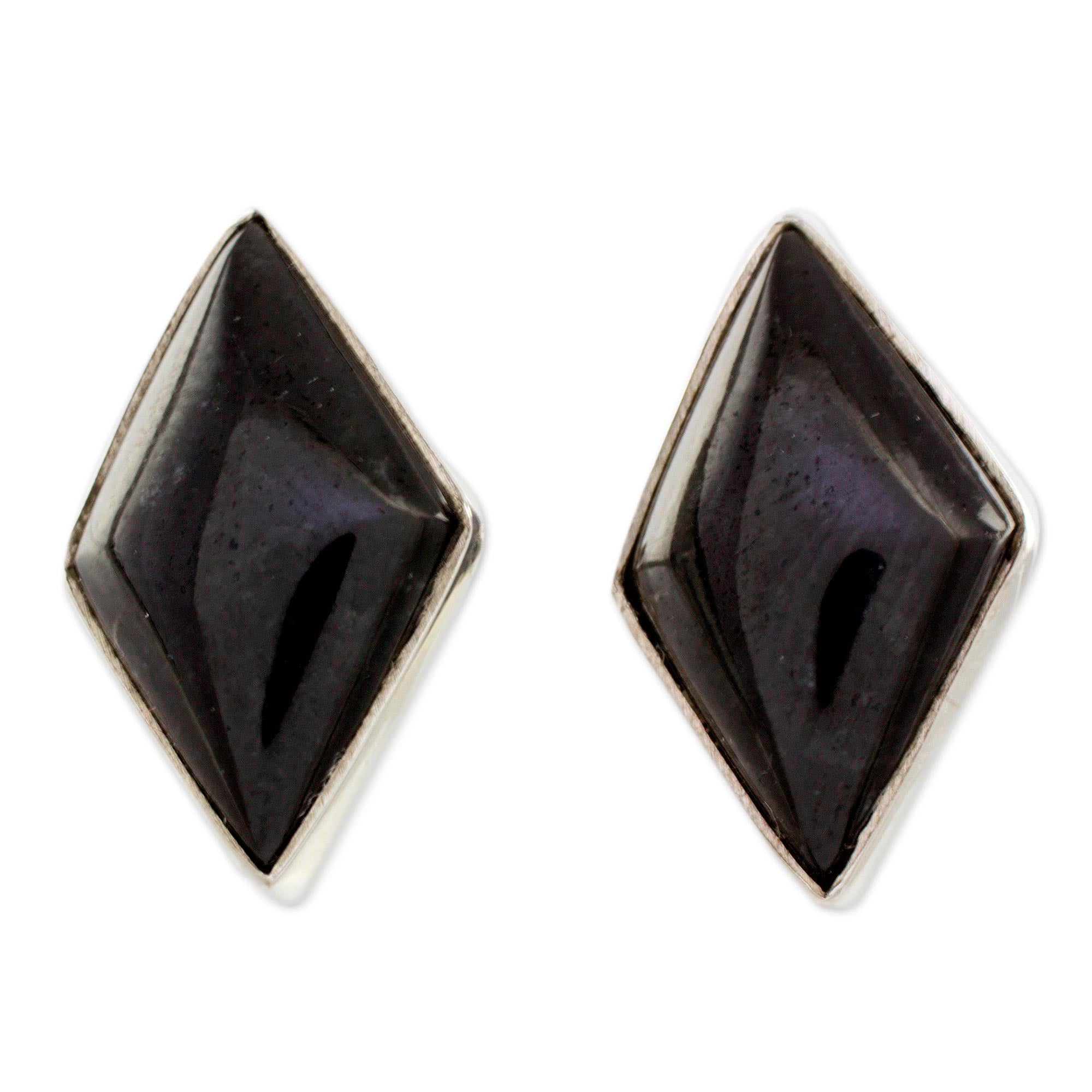 Premium Midnight Maya Diamond Modern Black Jade Earrings in Sterling Silver