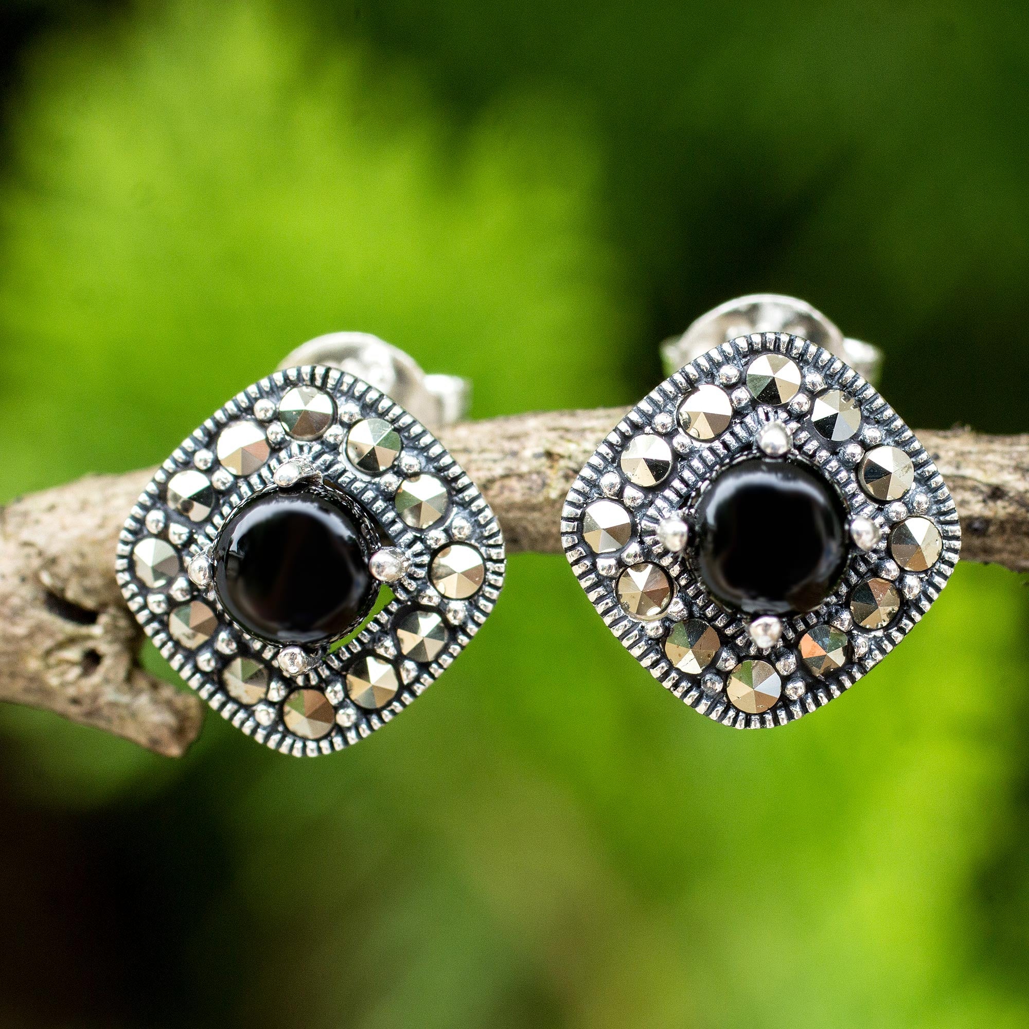 Premium Vintage Belle Onyx & Marcasite Sterling Silver Button Earrings