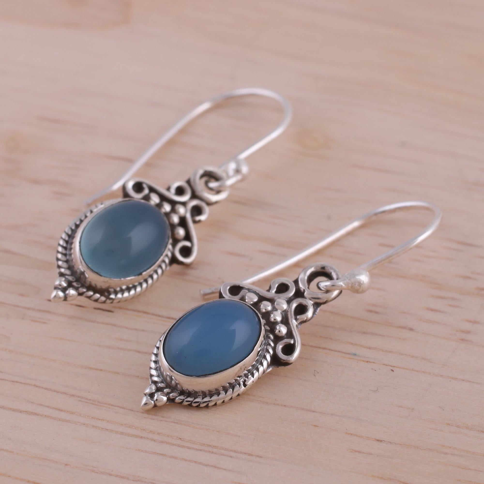 Premium Blue Chalcedony & 925 Silver Dangle Earrings - Handcrafted Elegance from India