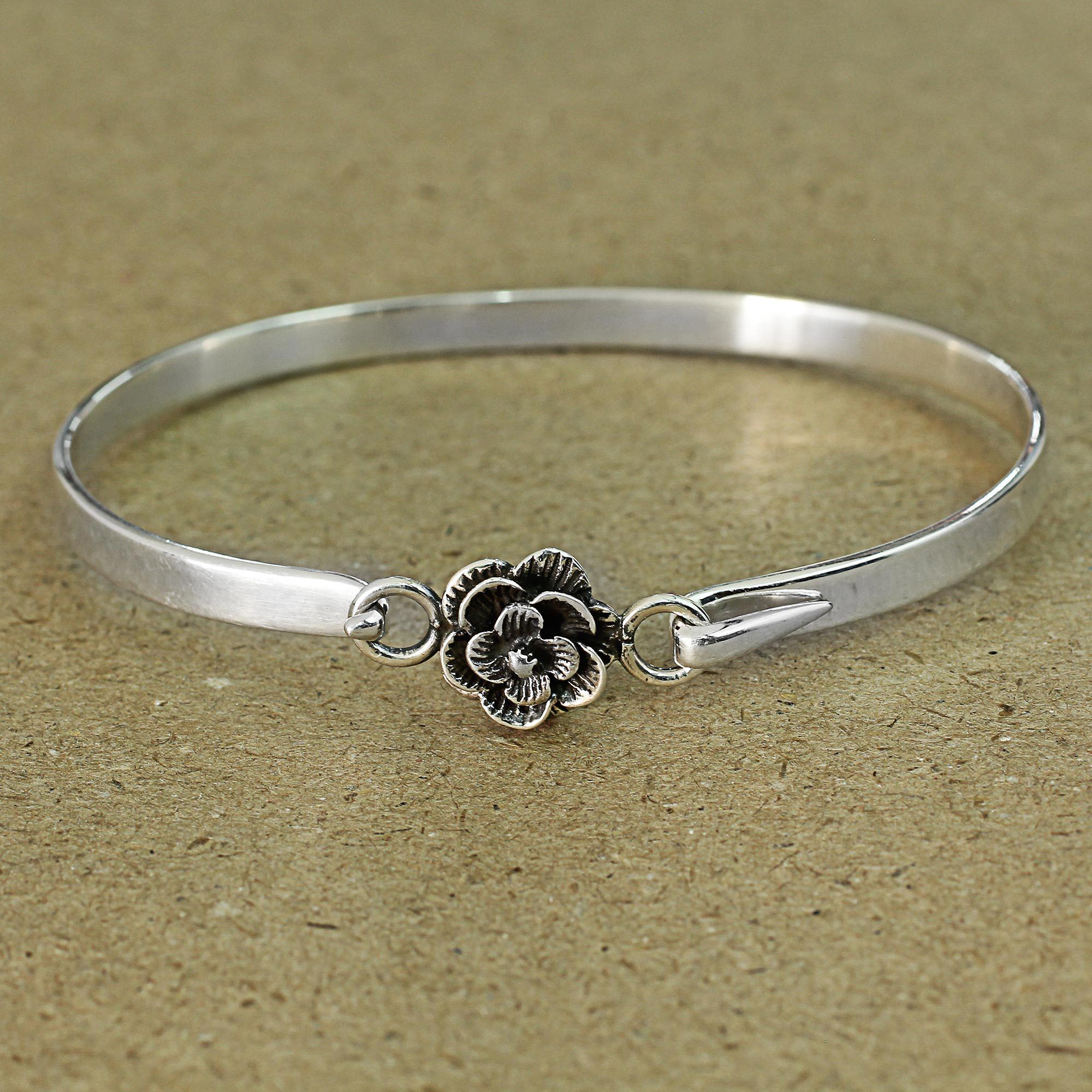 Premium Rose Beauty Sterling Silver Bangle Bracelet - Handcrafted Elegance