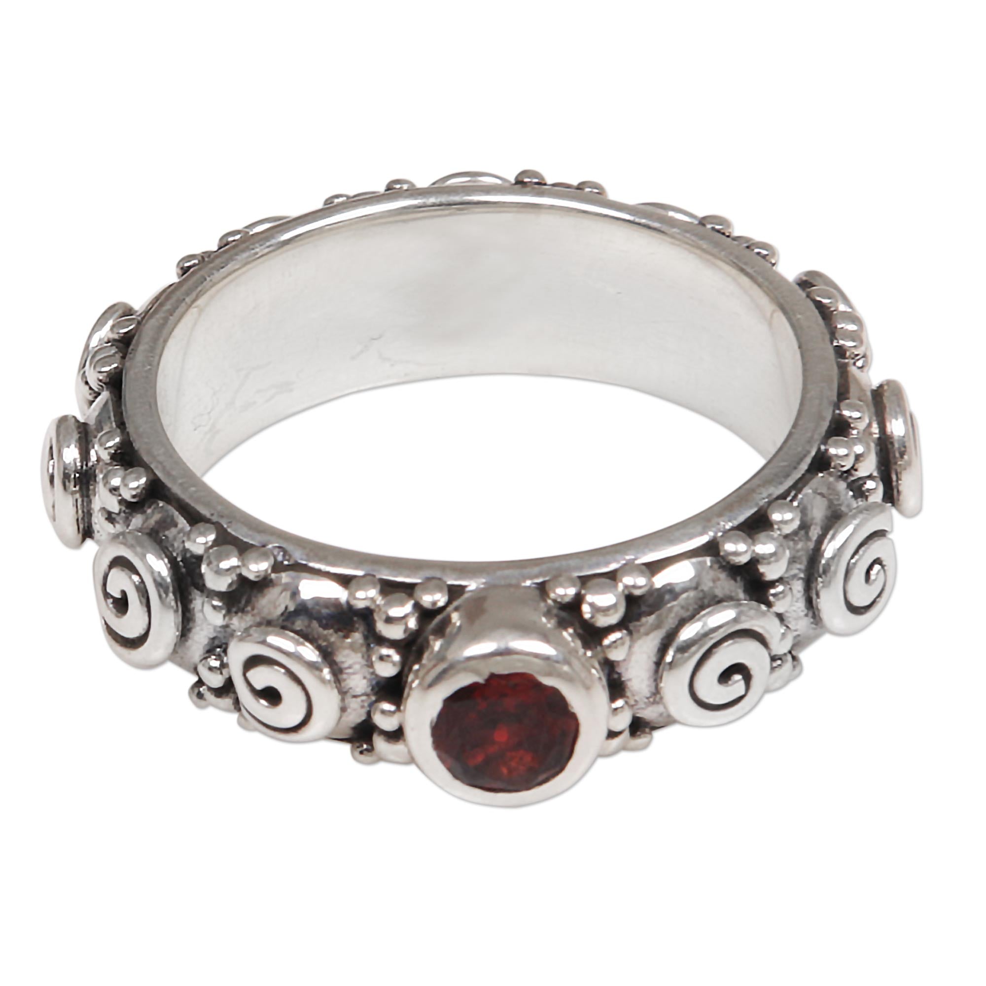 Premium Red Garnet & Sterling Silver Swirl Ring - Handcrafted in Bali