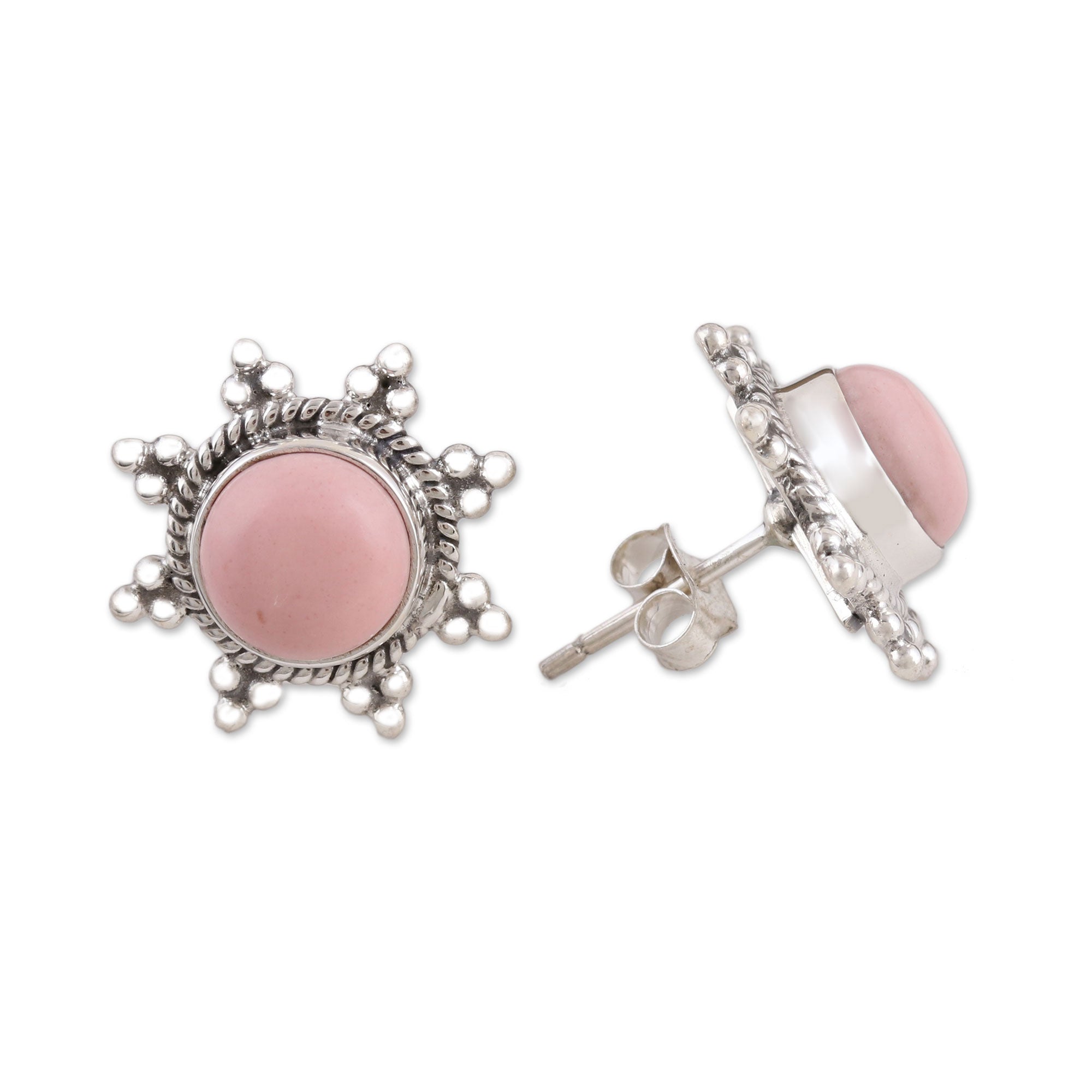 Premium Starry-Eyed Pink Opal Button Earrings in Sterling Silver