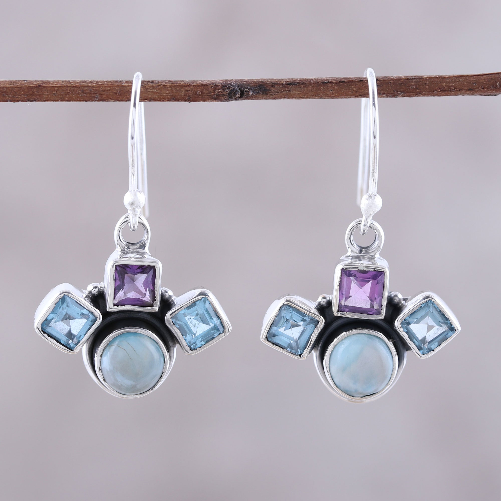 Premium Sterling Silver Dangle Earrings with Blue Topaz, Amethyst & Larimar